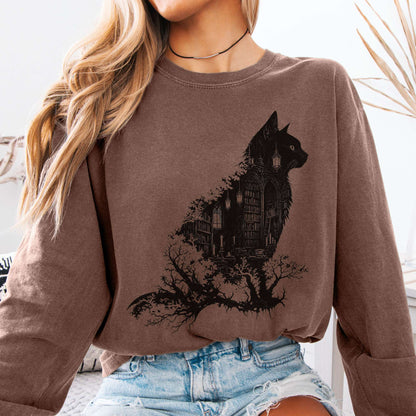 Long-sleeve Espresso / S The Cat and the Library Literary Long Sleeve The Mystic Eden