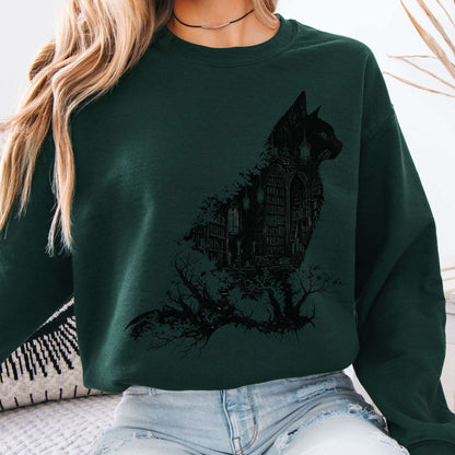 Sweatshirt Forest Green / S The Cat and the Library Literary Crewneck Sweatshirt The Mystic Eden