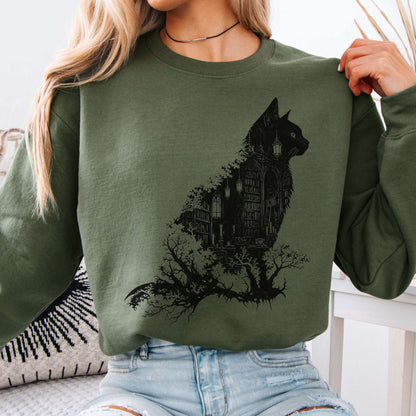 Sweatshirt Military Green / S The Cat and the Library Literary Crewneck Sweatshirt The Mystic Eden