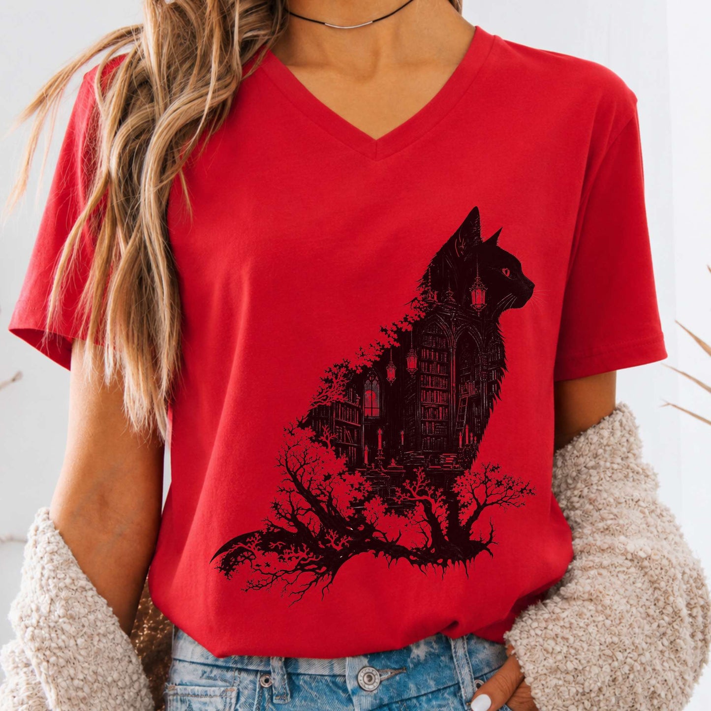 The Cat and the Library Literary V-Neck