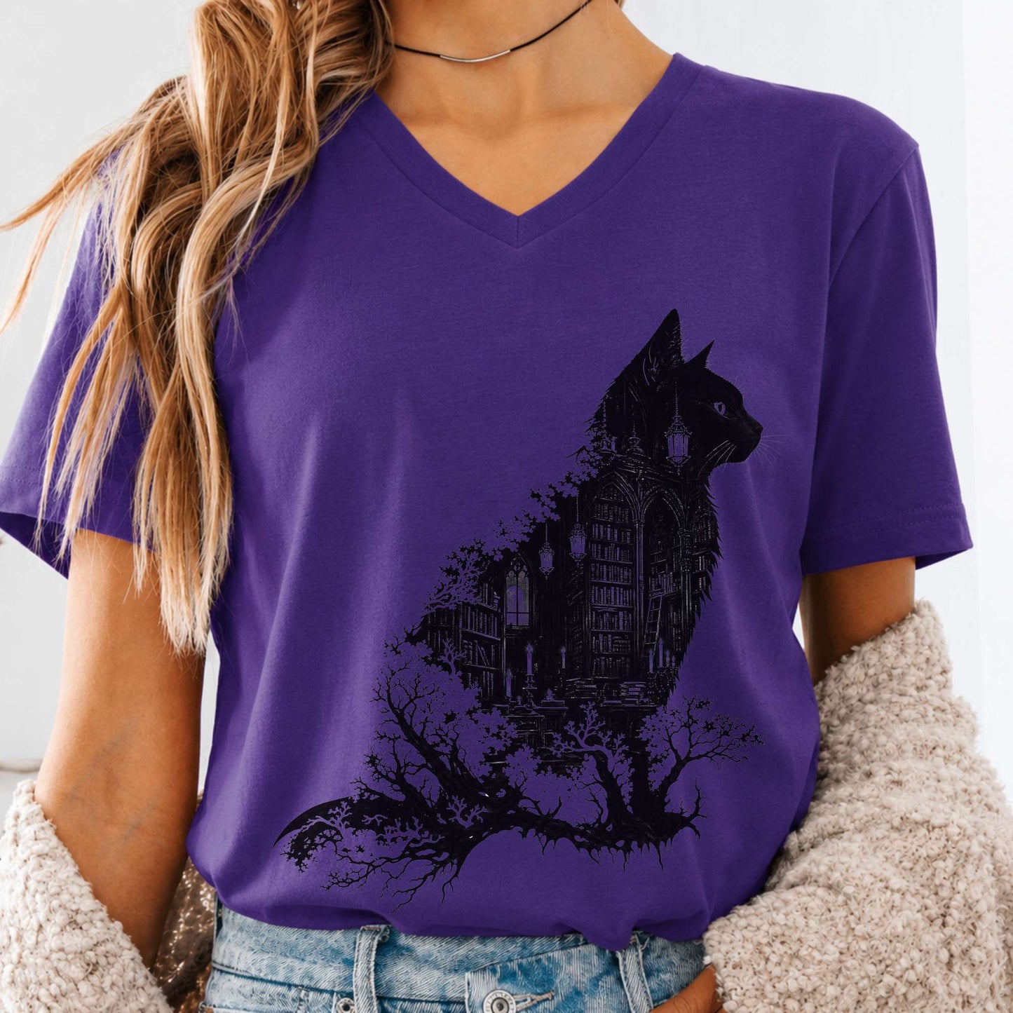 The Cat and the Library Literary V-Neck