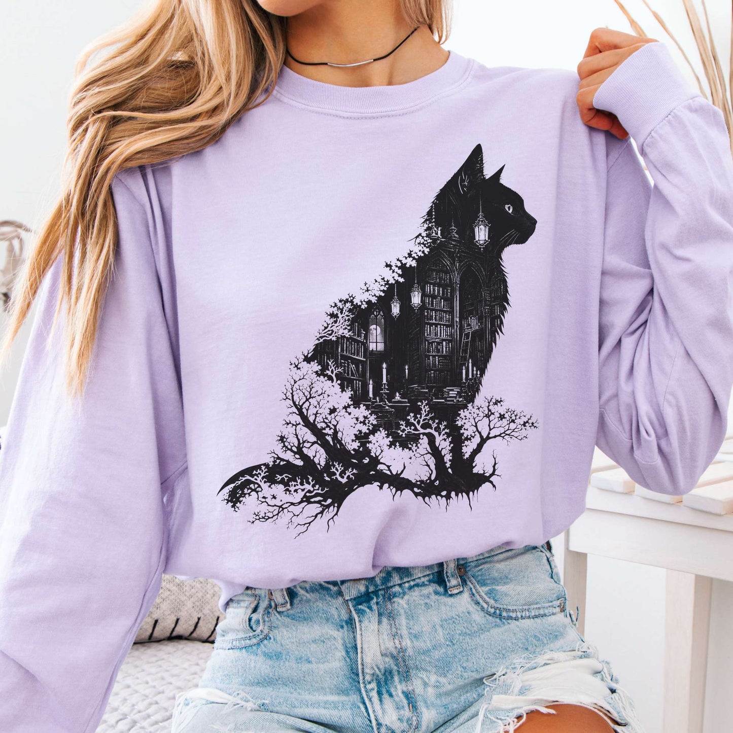 Long-sleeve Orchid / S The Cat and the Library Literary Long Sleeve The Mystic Eden