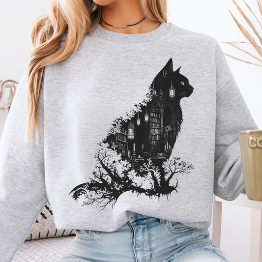 Sweatshirt Ash / S The Cat and the Library Literary Crewneck Sweatshirt The Mystic Eden