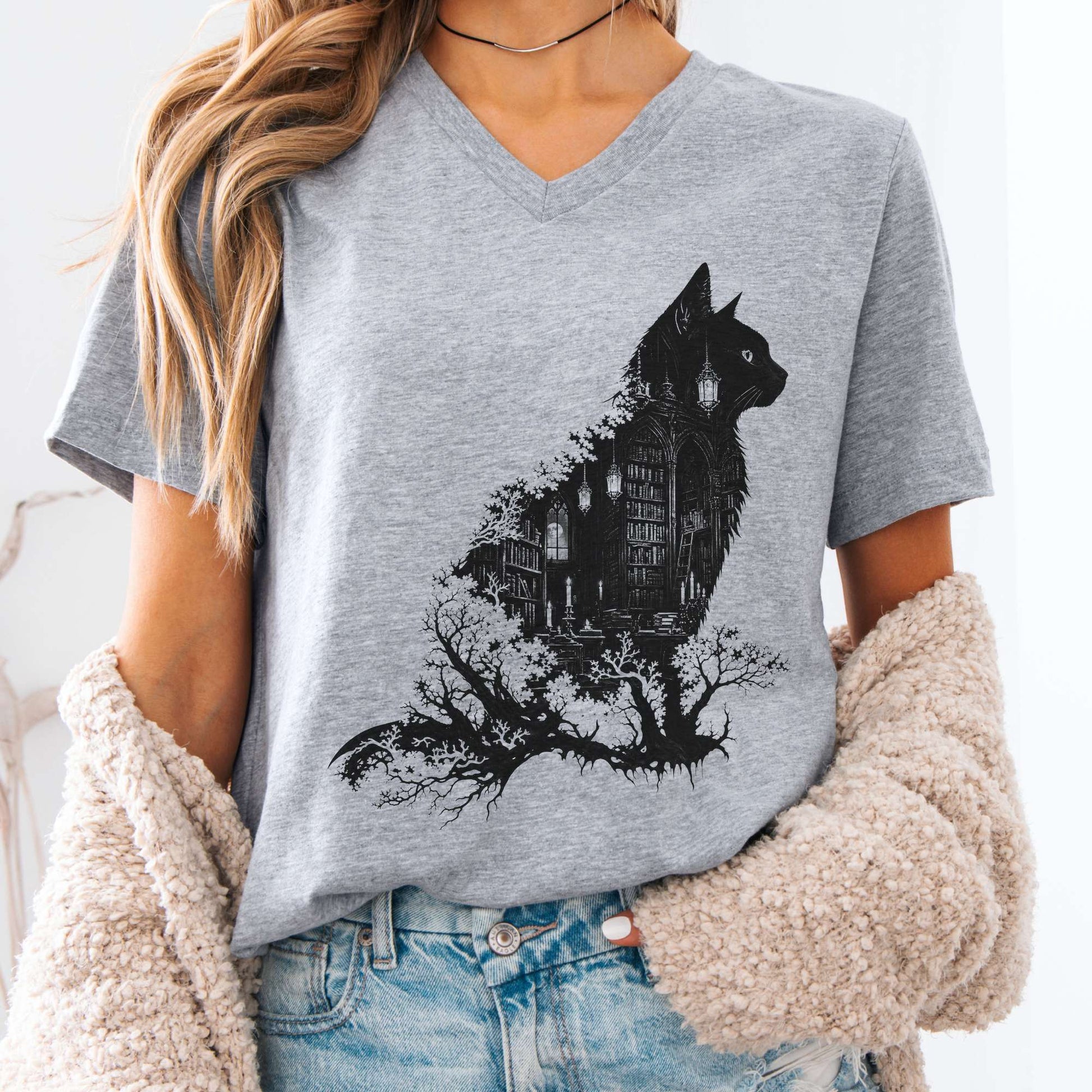 V-neck Athletic Heather / S The Cat and the Library Literary V-Neck The Mystic Eden