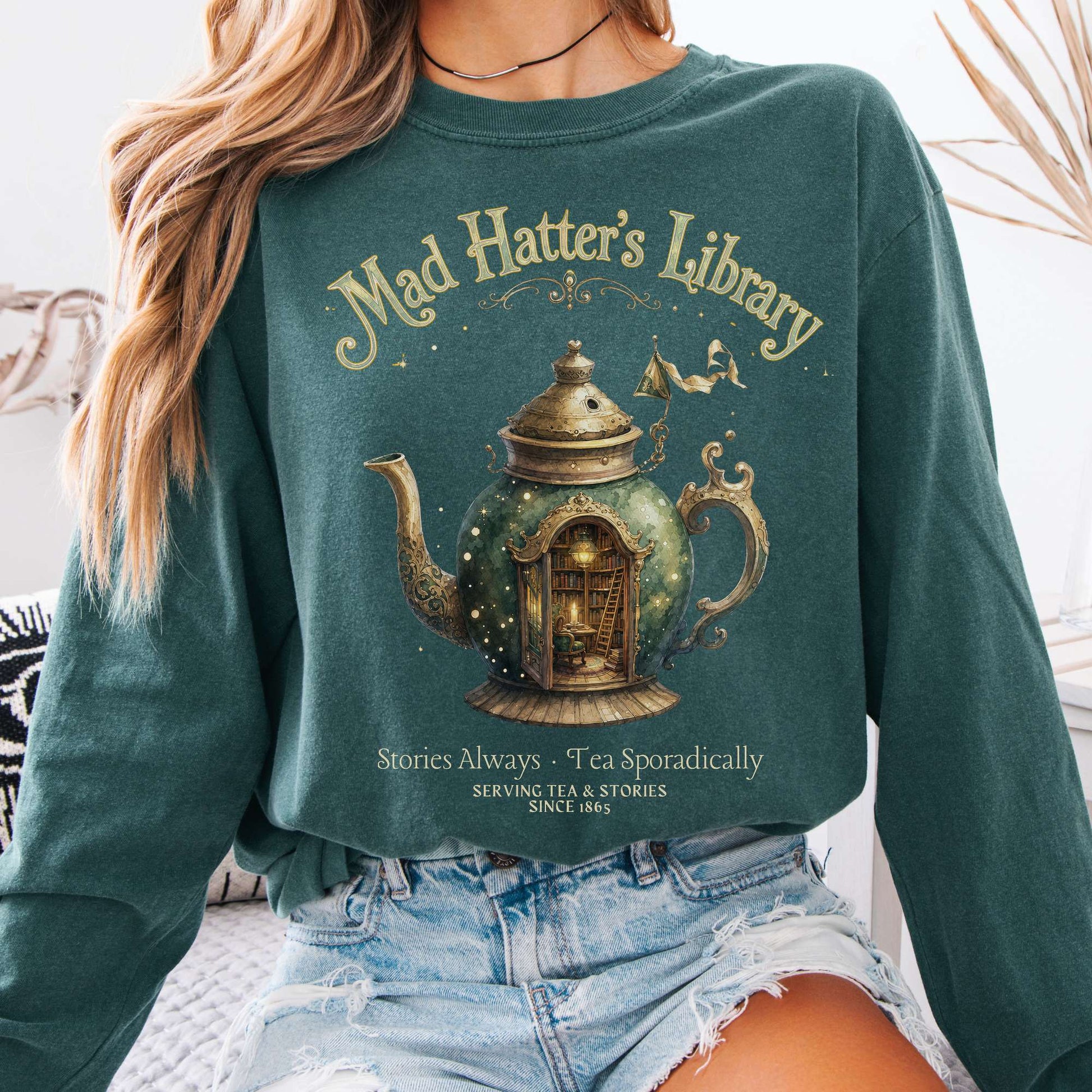 Long-sleeve Blue Spruce / S Mad Hatter's Library Lewis Carroll Literary Long Sleeve The Mystic Eden