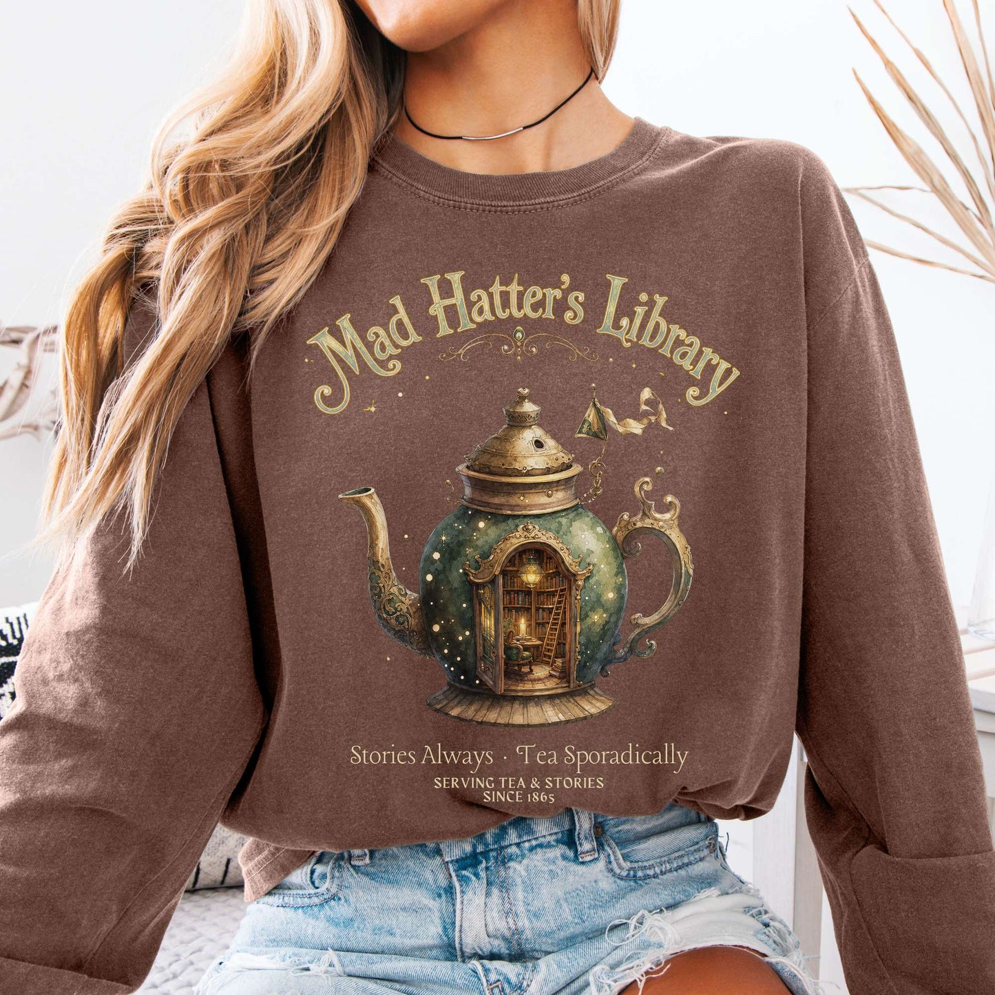 Long-sleeve Espresso / S Mad Hatter's Library Lewis Carroll Literary Long Sleeve The Mystic Eden