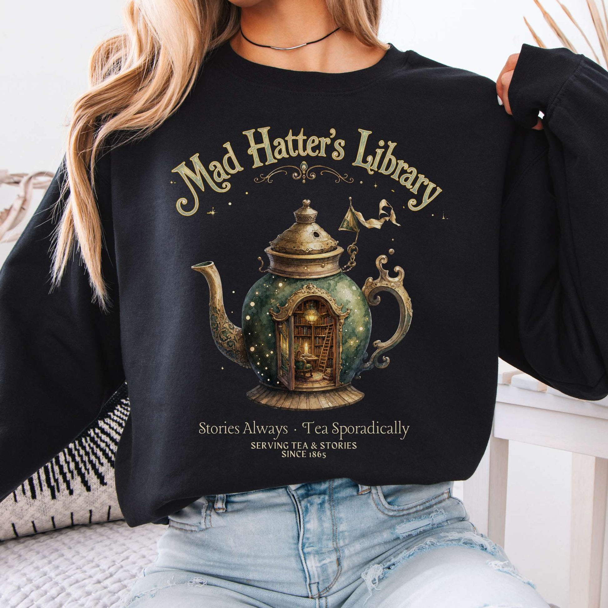 Sweatshirt Black / S Mad Hatter's Library Lewis Carroll Literary Crewneck Sweatshirt The Mystic Eden