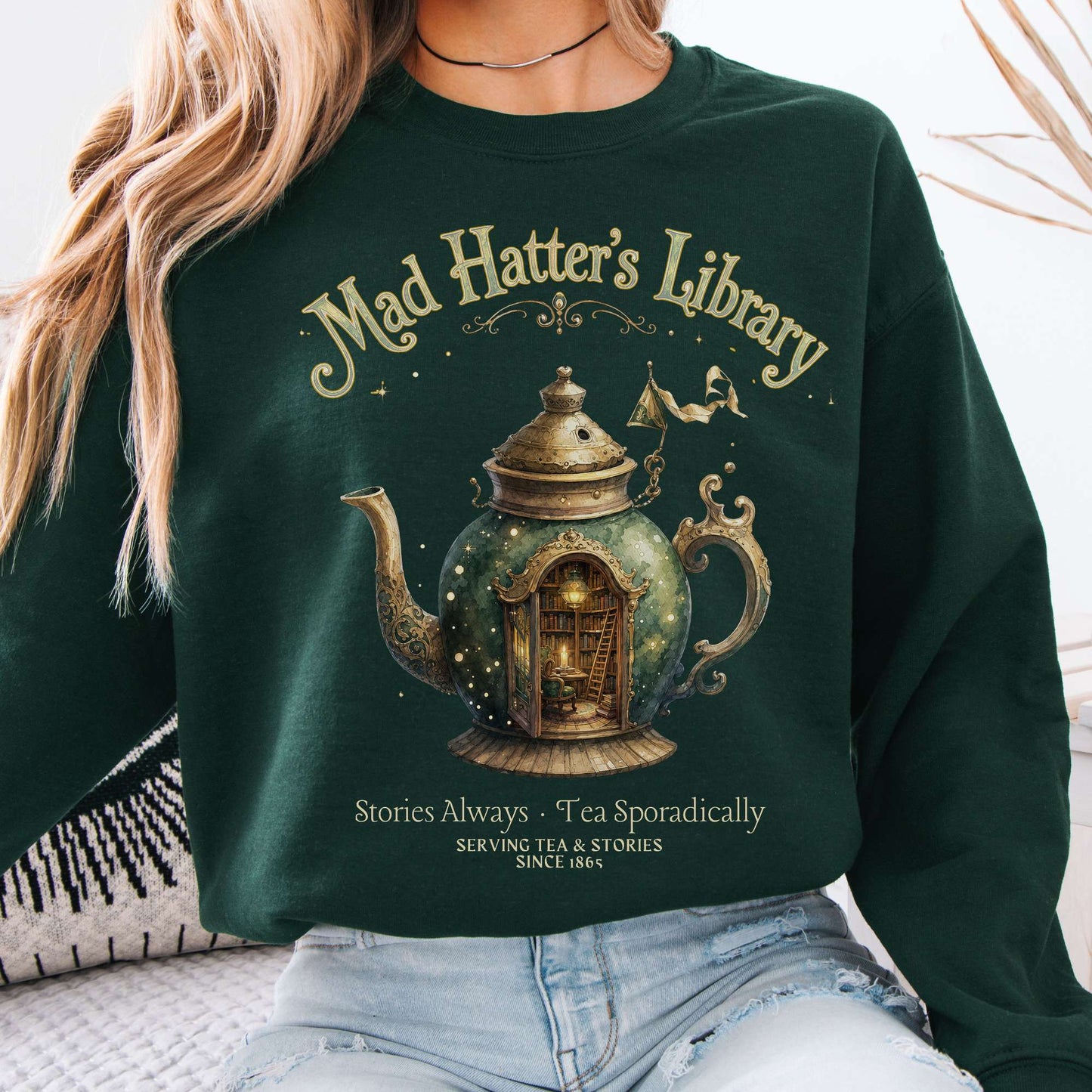 Sweatshirt Forest Green / S Mad Hatter's Library Lewis Carroll Literary Crewneck Sweatshirt The Mystic Eden