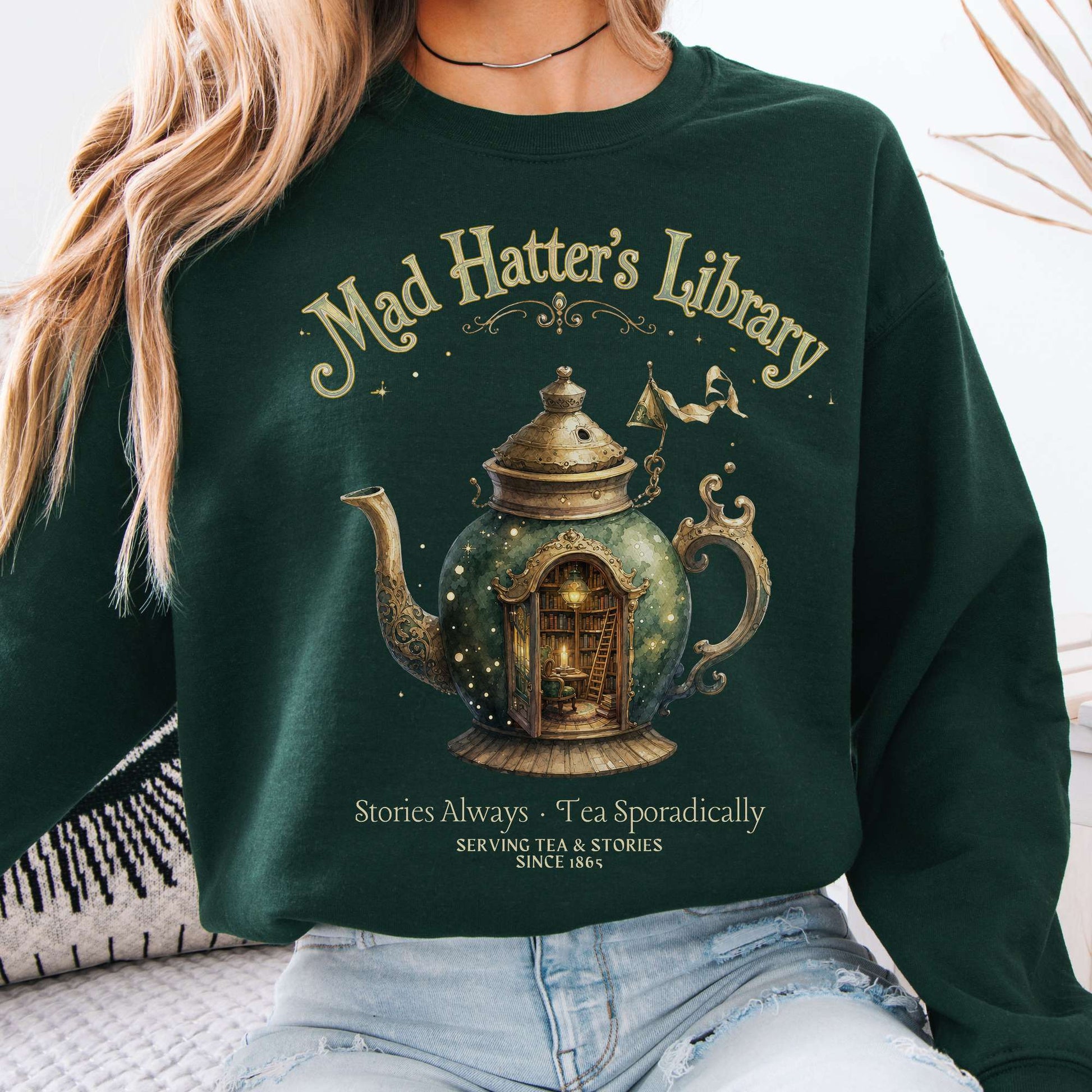 Sweatshirt Forest Green / S Mad Hatter's Library Lewis Carroll Literary Crewneck Sweatshirt The Mystic Eden