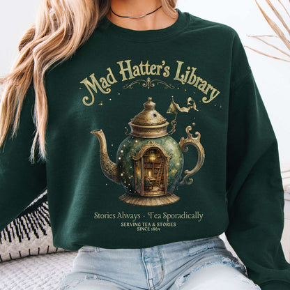 Sweatshirt Forest Green / S Mad Hatter's Library Lewis Carroll Literary Crewneck Sweatshirt The Mystic Eden