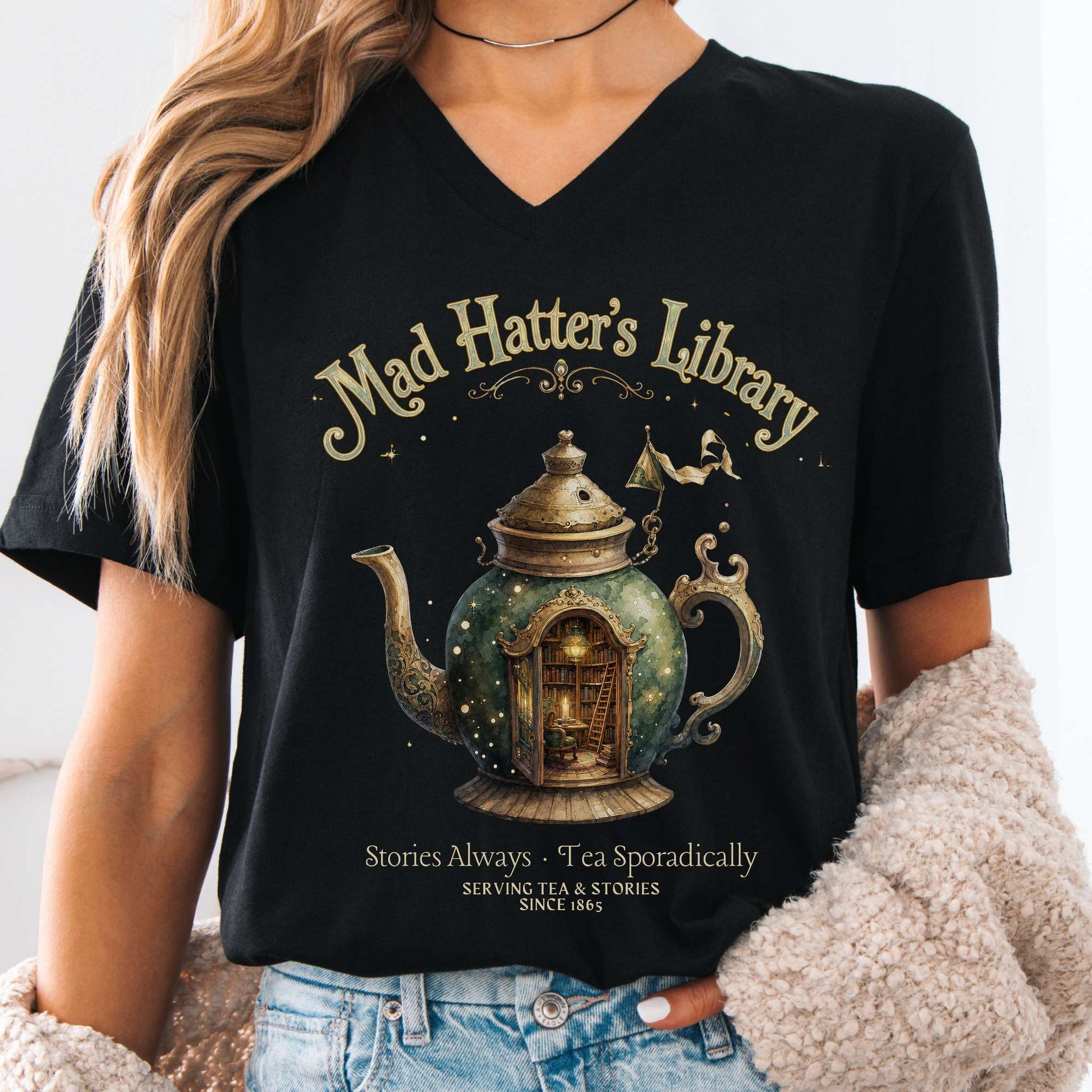 V-neck Black / S Mad Hatter's Library Lewis Carroll Literary V-Neck The Mystic Eden