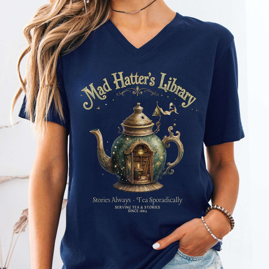 V-neck Navy / S Mad Hatter's Library Lewis Carroll Literary V-Neck The Mystic Eden