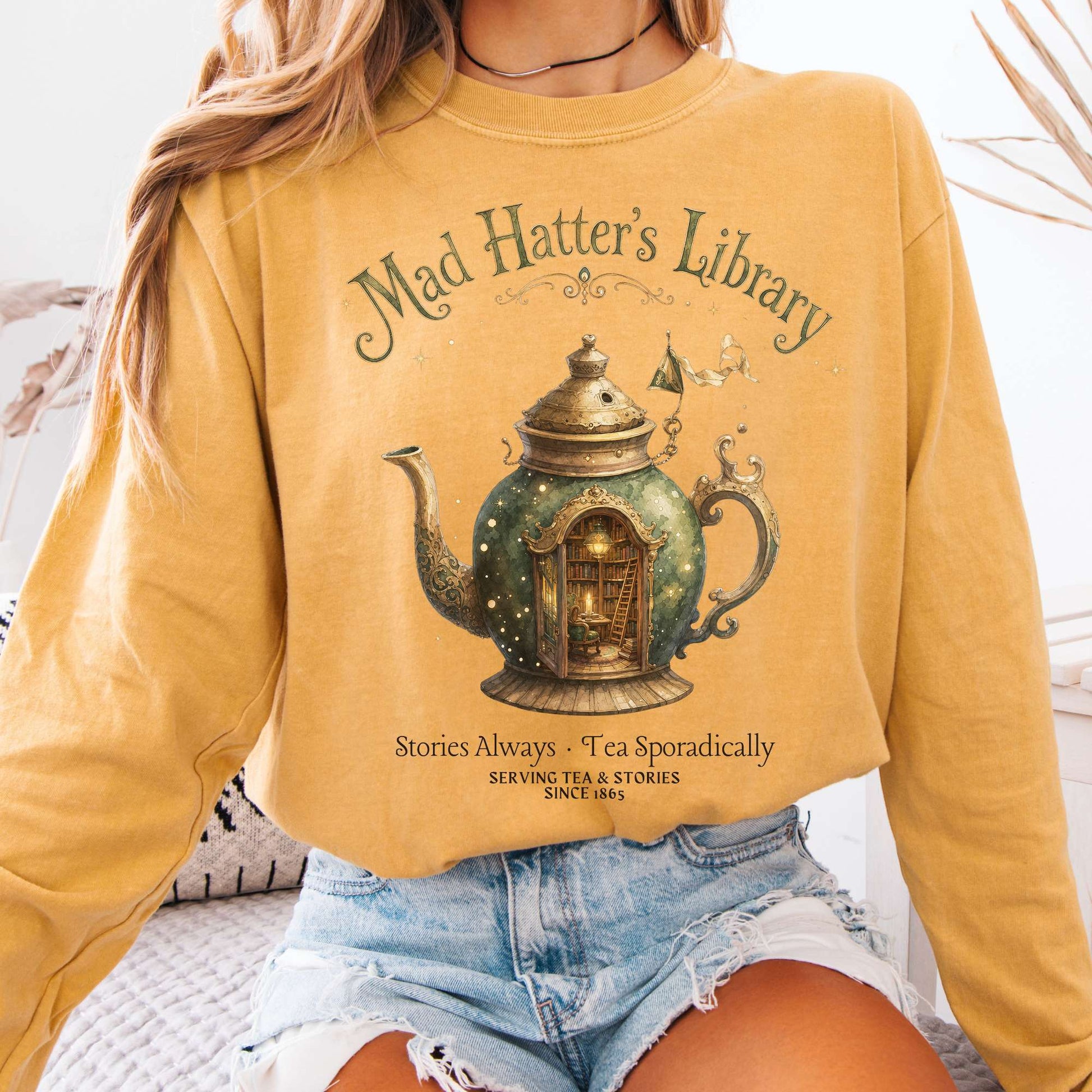 Long-sleeve Mustard / S Mad Hatter's Library Lewis Carroll Literary Long Sleeve The Mystic Eden