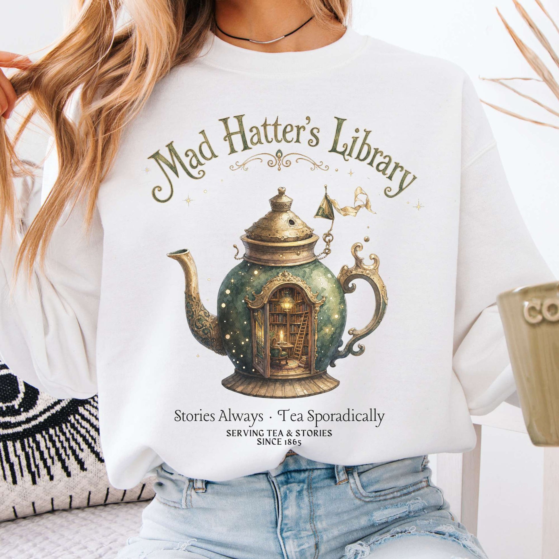 Sweatshirt White / S Mad Hatter's Library Lewis Carroll Literary Crewneck Sweatshirt The Mystic Eden