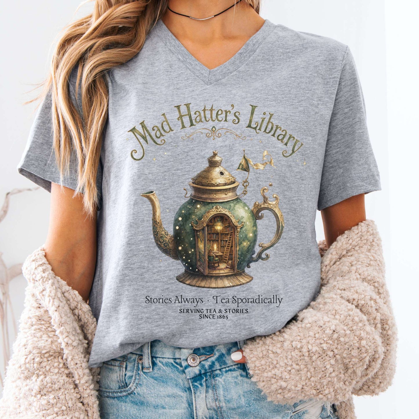 V-neck Athletic Heather / S Mad Hatter's Library Lewis Carroll Literary V-Neck The Mystic Eden