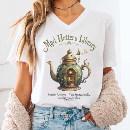 V-neck White / S Mad Hatter's Library Lewis Carroll Literary V-Neck The Mystic Eden