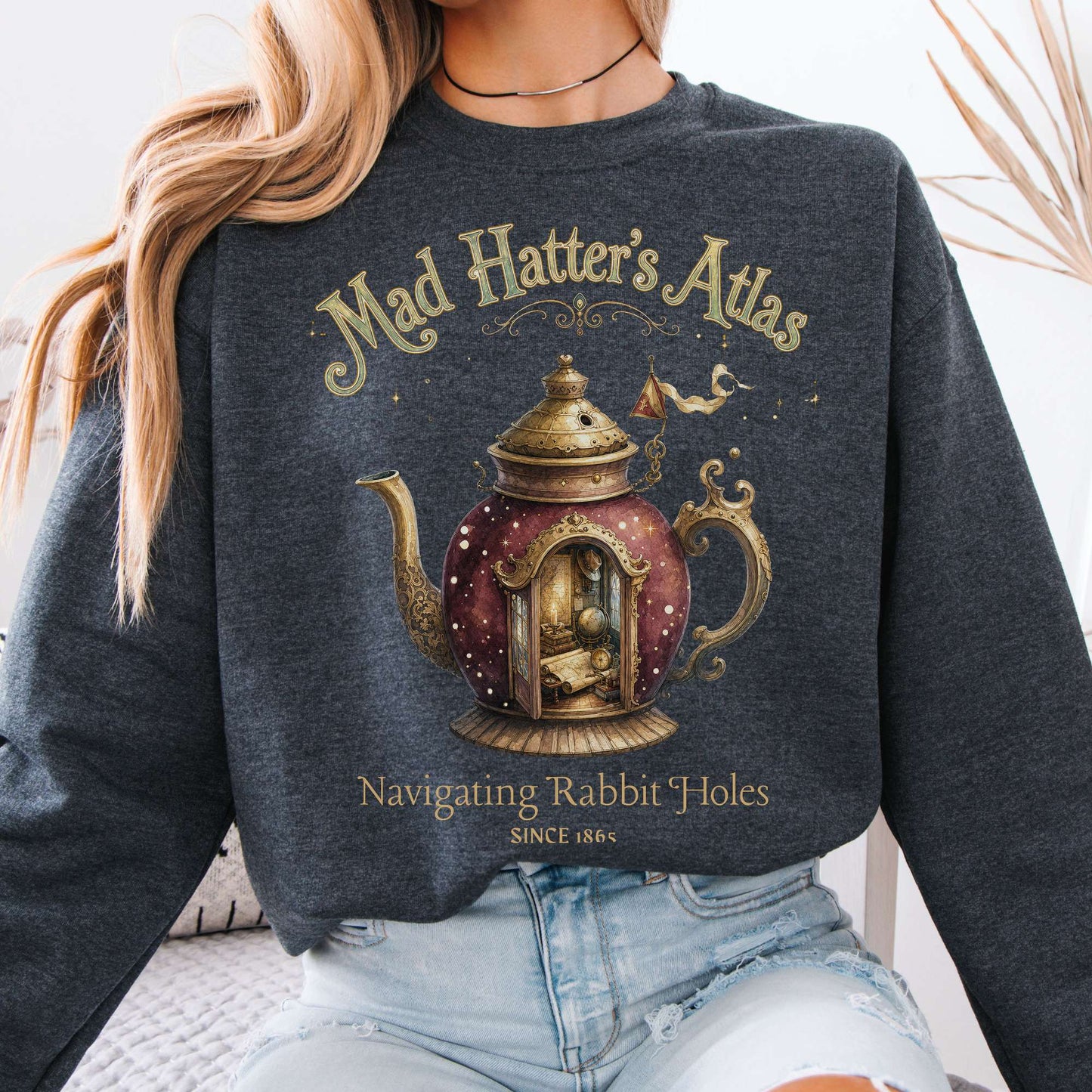 Sweatshirt Dark Heather / S Mad Hatter's Atlas Lewis Carroll Literary Crewneck Sweatshirt The Mystic Eden