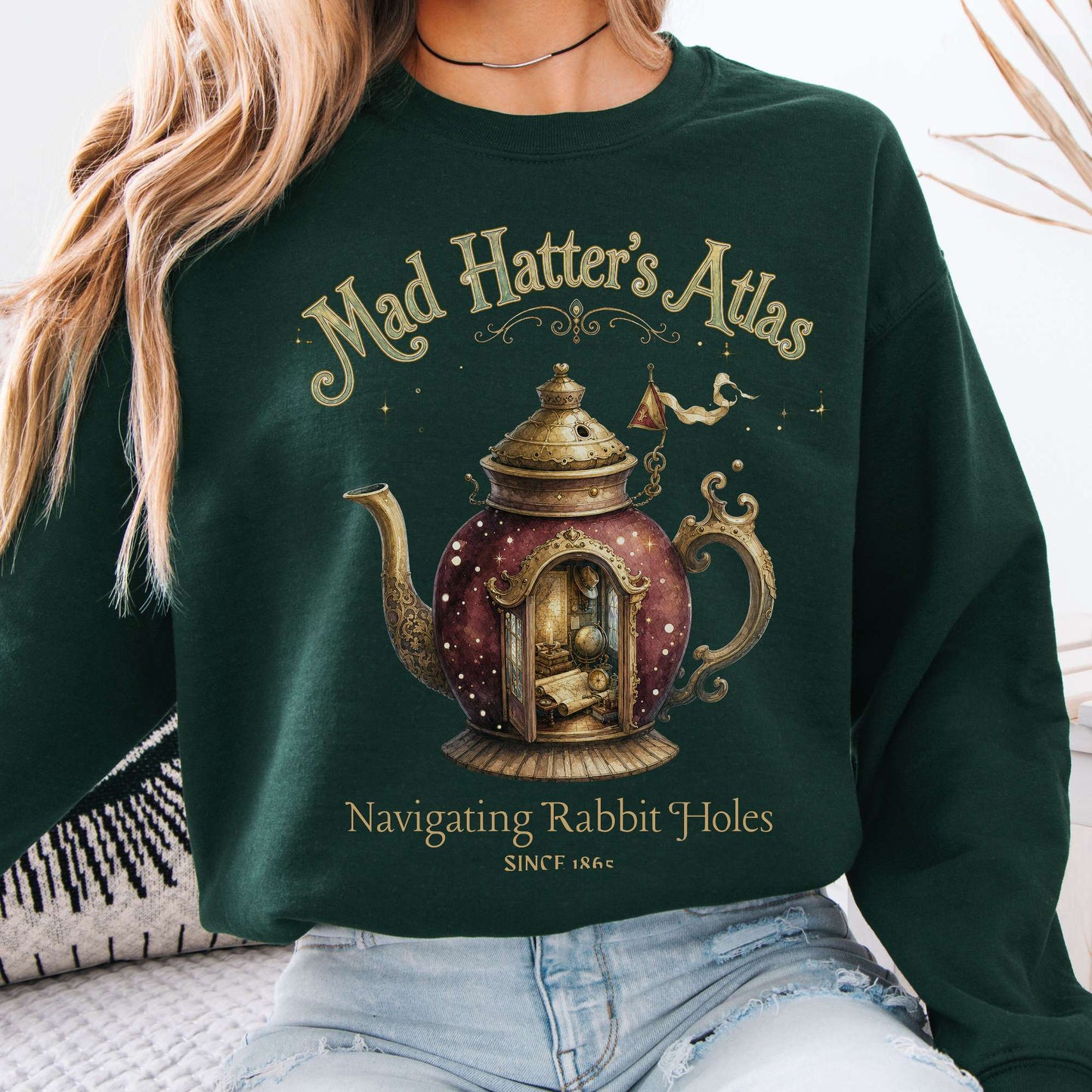 Sweatshirt Forest Green / S Mad Hatter's Atlas Lewis Carroll Literary Crewneck Sweatshirt The Mystic Eden