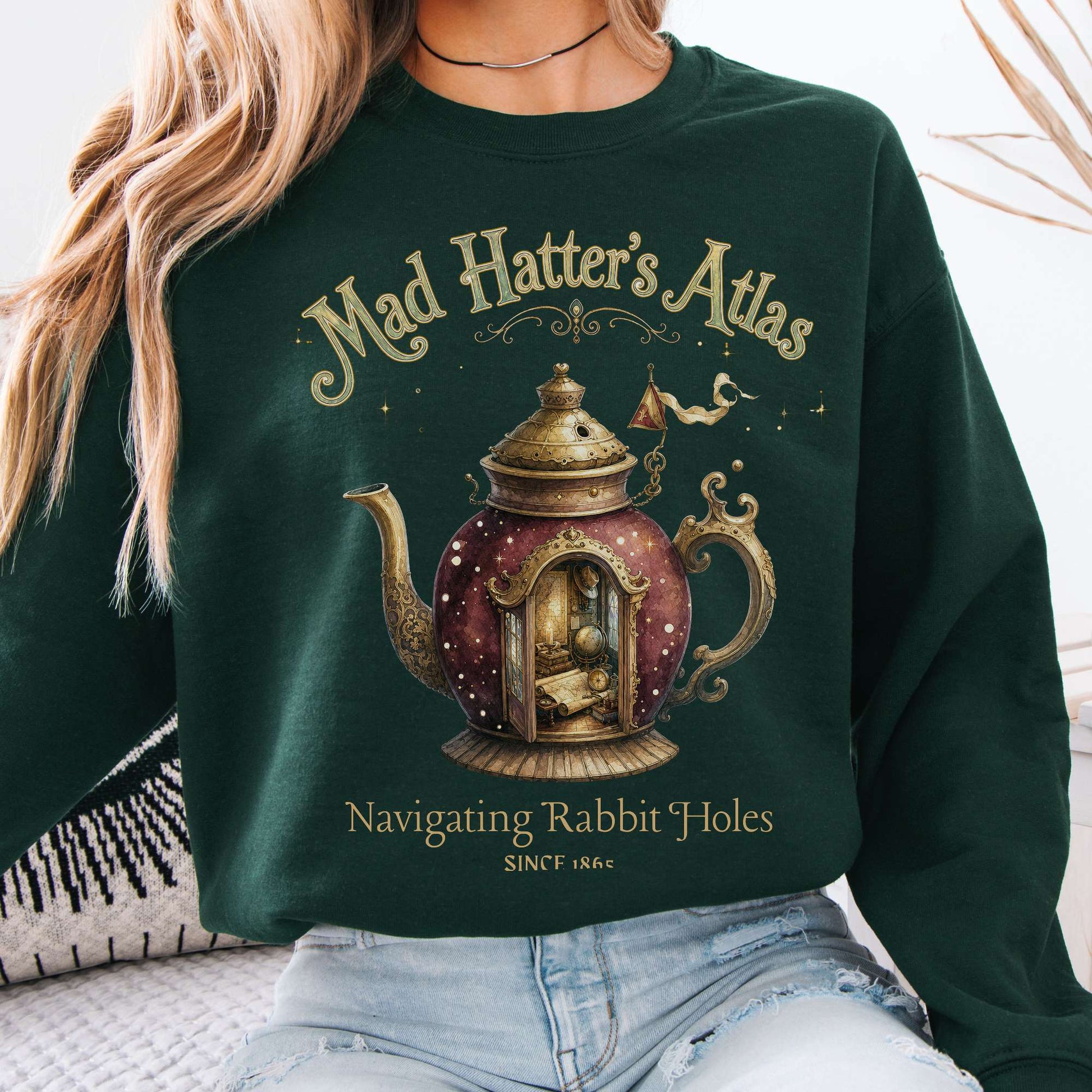 Sweatshirt Forest Green / S Mad Hatter's Atlas Lewis Carroll Literary Crewneck Sweatshirt The Mystic Eden