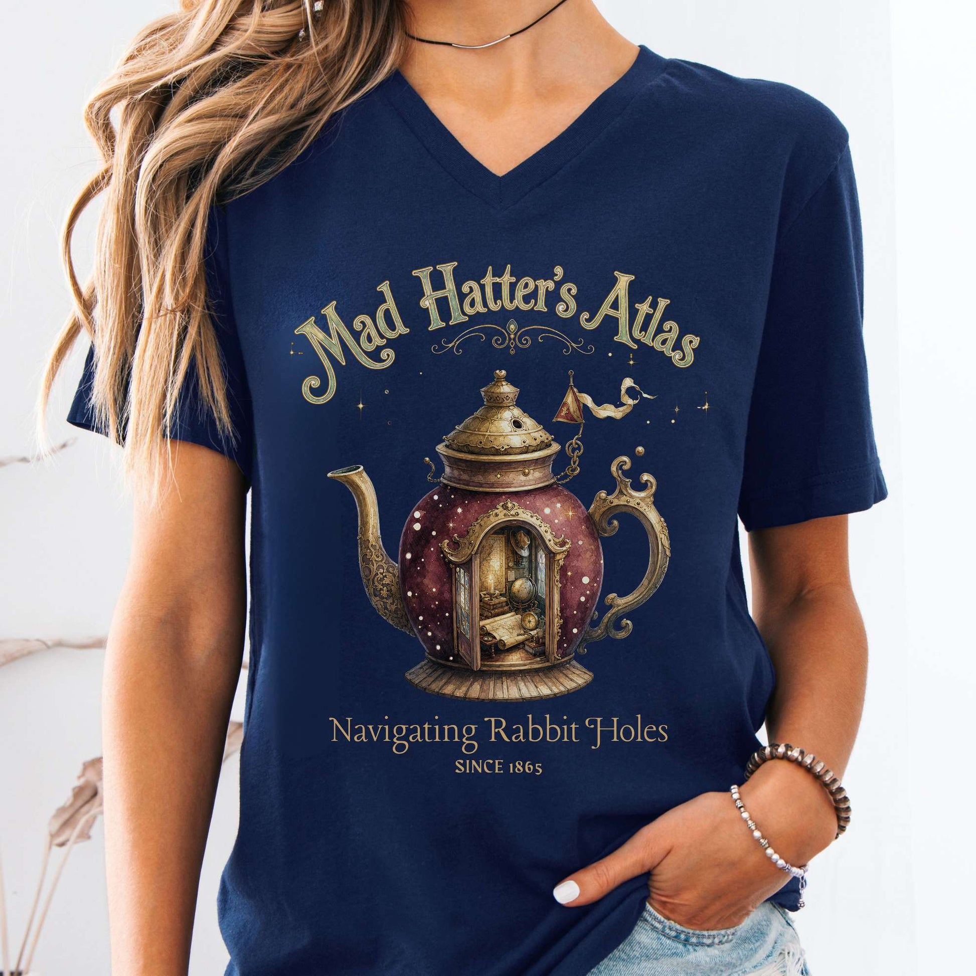 V-neck Navy / S Mad Hatter's Atlas Lewis Carroll Literary V-Neck The Mystic Eden