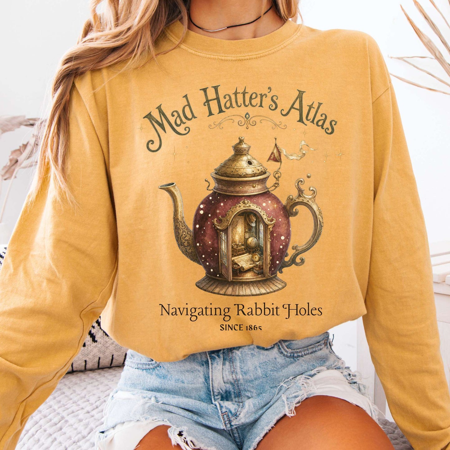 Long-sleeve Mustard / S Mad Hatter's Atlas Lewis Carroll Literary Long Sleeve The Mystic Eden
