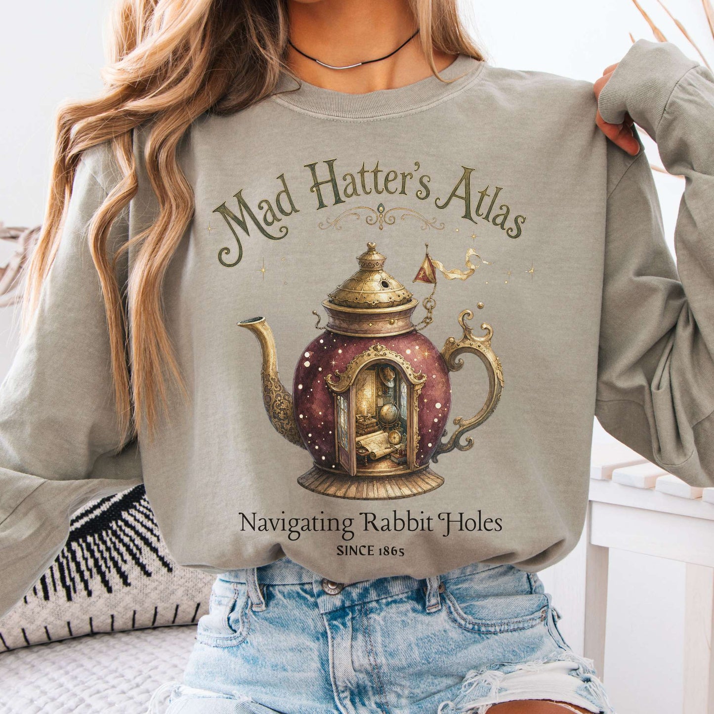 Long-sleeve Sandstone / S Mad Hatter's Atlas Lewis Carroll Literary Long Sleeve The Mystic Eden