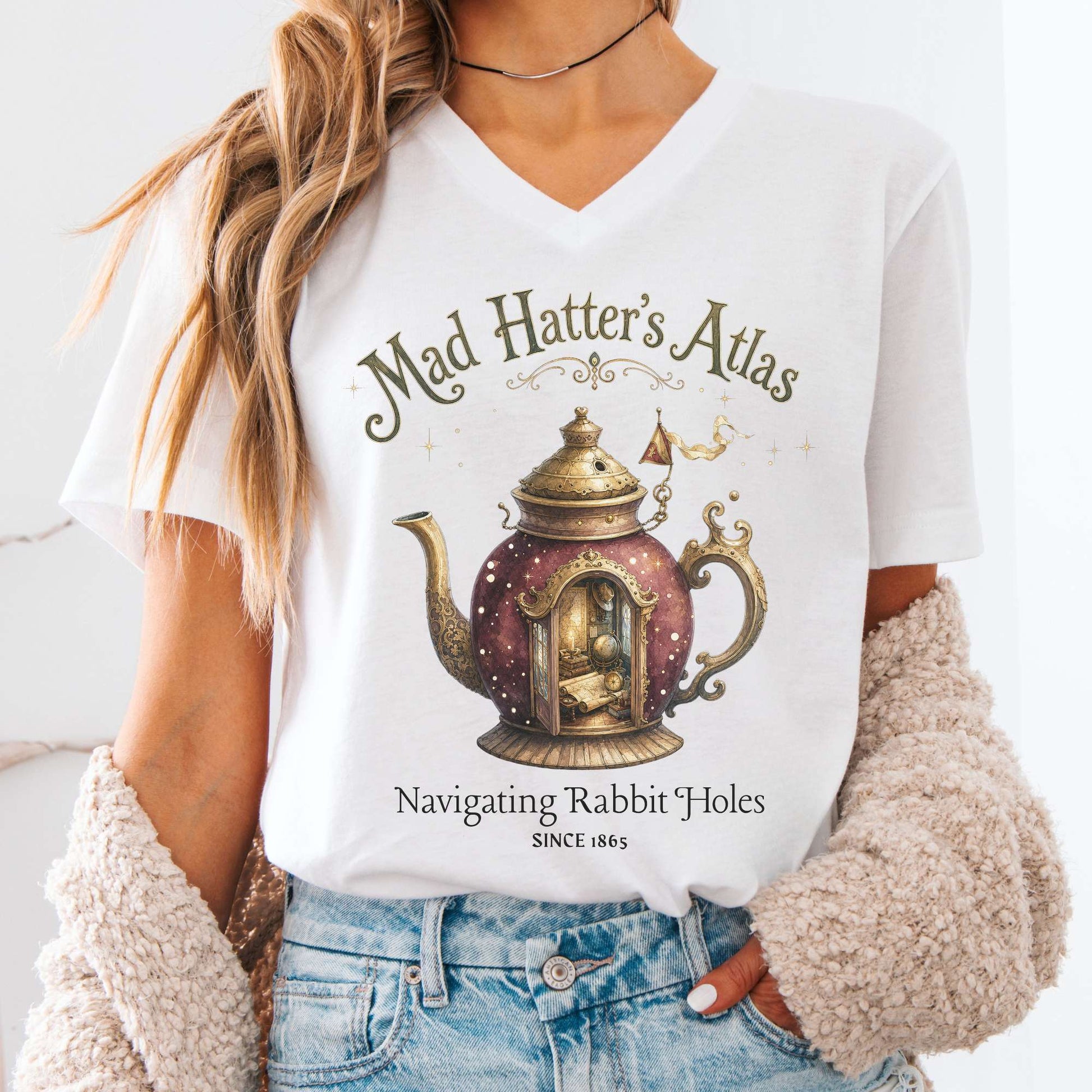 V-neck White / S Mad Hatter's Atlas Lewis Carroll Literary V-Neck The Mystic Eden