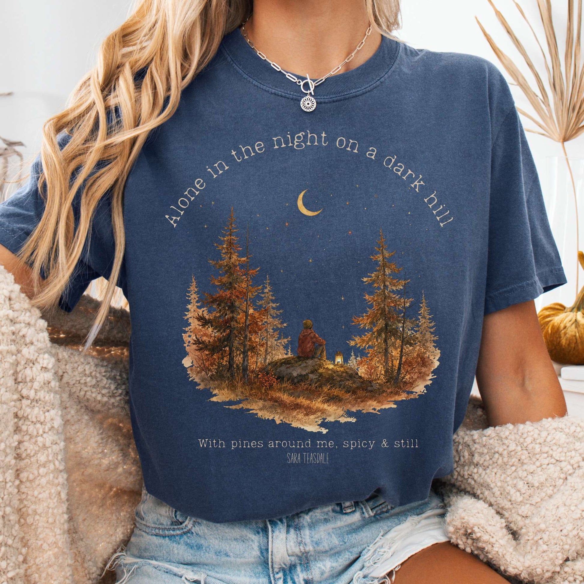 T-Shirt Denim / S Alone in the Night On A Dark Hill Sara Teasdale Literary T-Shirt The Mystic Eden