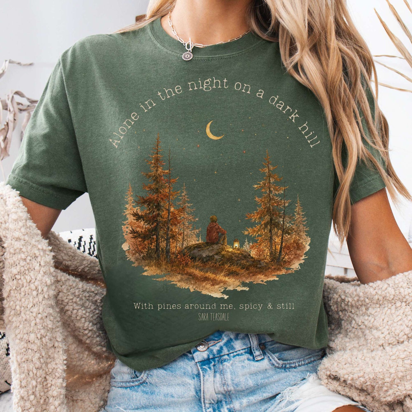 T-Shirt Moss / S Alone in the Night On A Dark Hill Sara Teasdale Literary T-Shirt The Mystic Eden