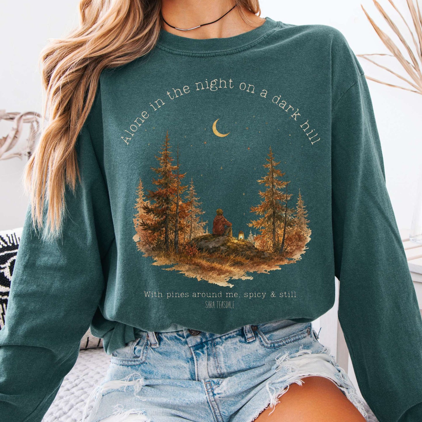 Long-sleeve Blue Spruce / S Alone in the Night On A Dark Hill Sara Teasdale Literary Long Sleeve The Mystic Eden