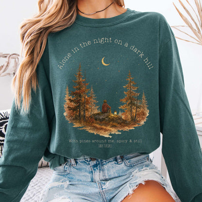Long-sleeve Blue Spruce / S Alone in the Night On A Dark Hill Sara Teasdale Literary Long Sleeve The Mystic Eden