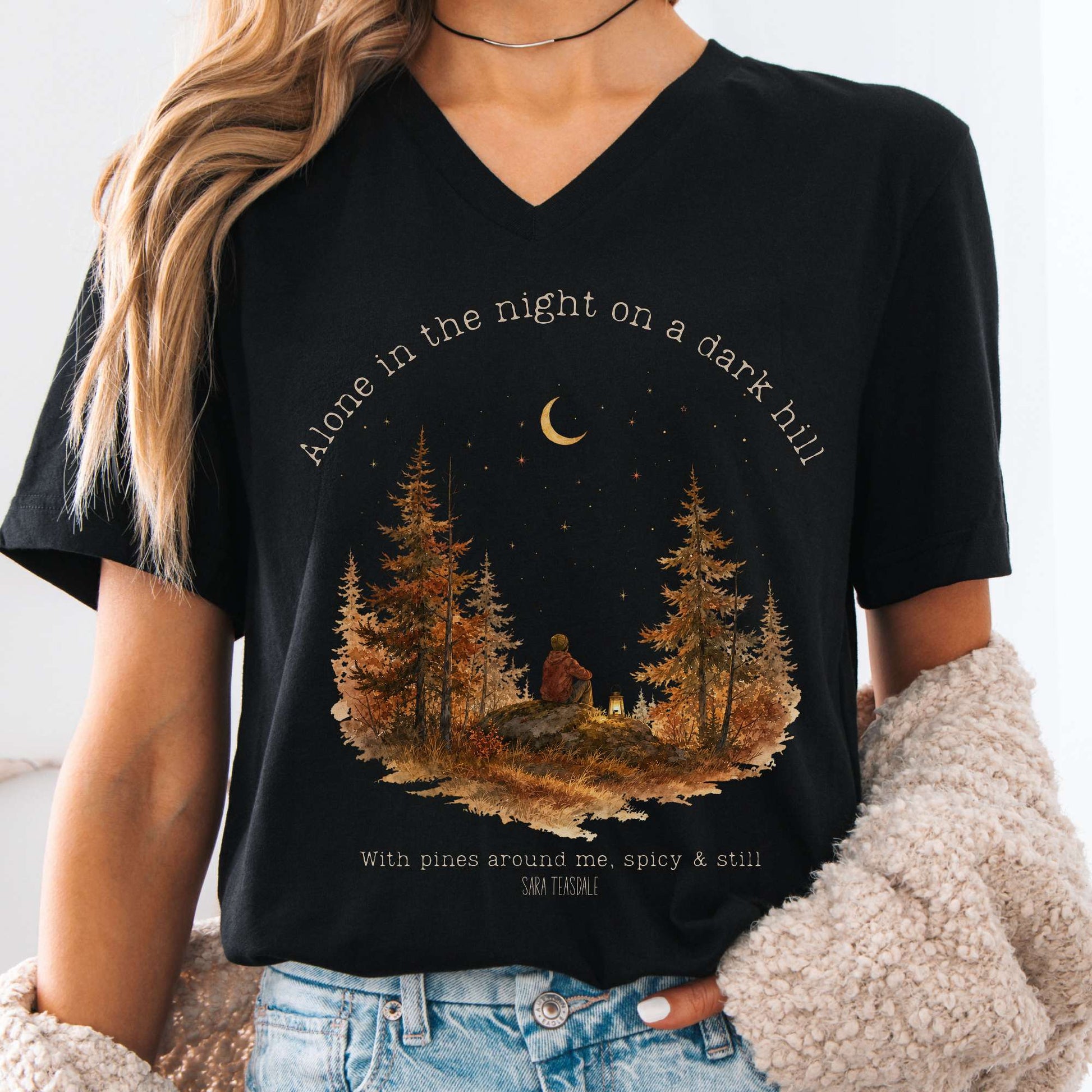 V-neck Black / S Alone in the Night On A Dark Hill Sara Teasdale Literary V-Neck The Mystic Eden