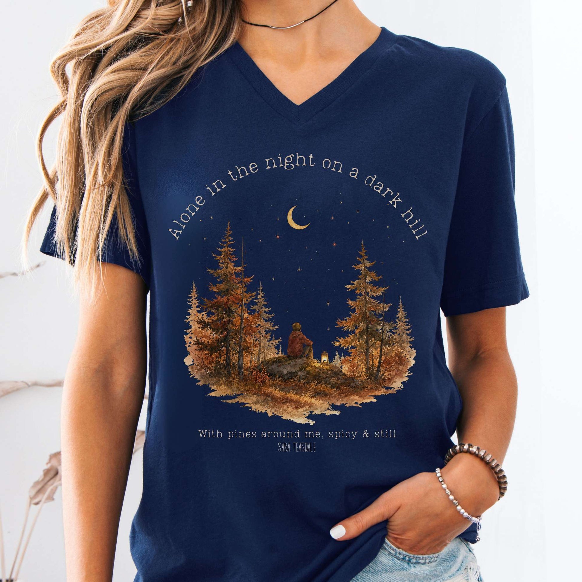 V-neck Navy / S Alone in the Night On A Dark Hill Sara Teasdale Literary V-Neck The Mystic Eden
