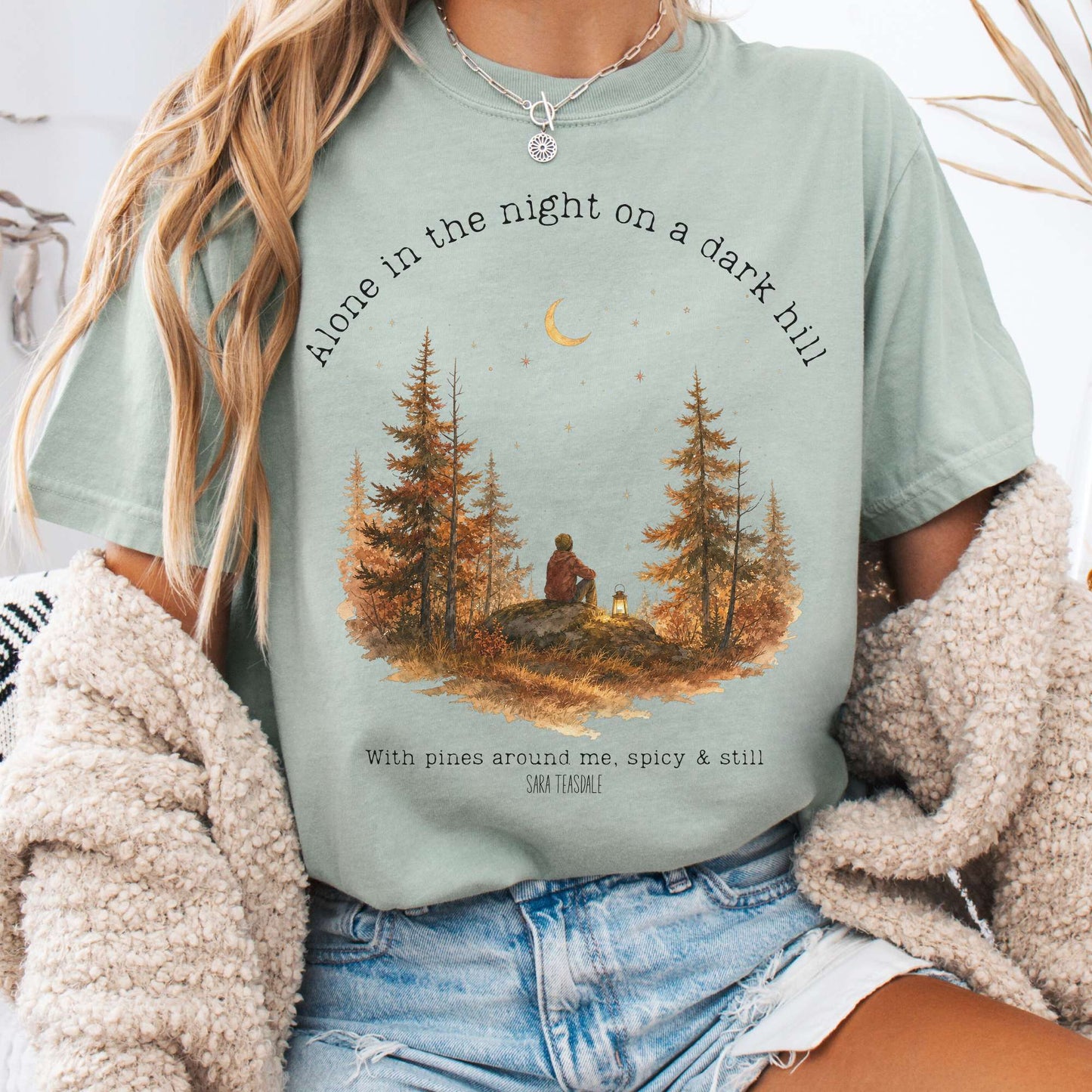 T-Shirt Bay / S Alone in the Night On A Dark Hill Sara Teasdale Literary T-Shirt The Mystic Eden