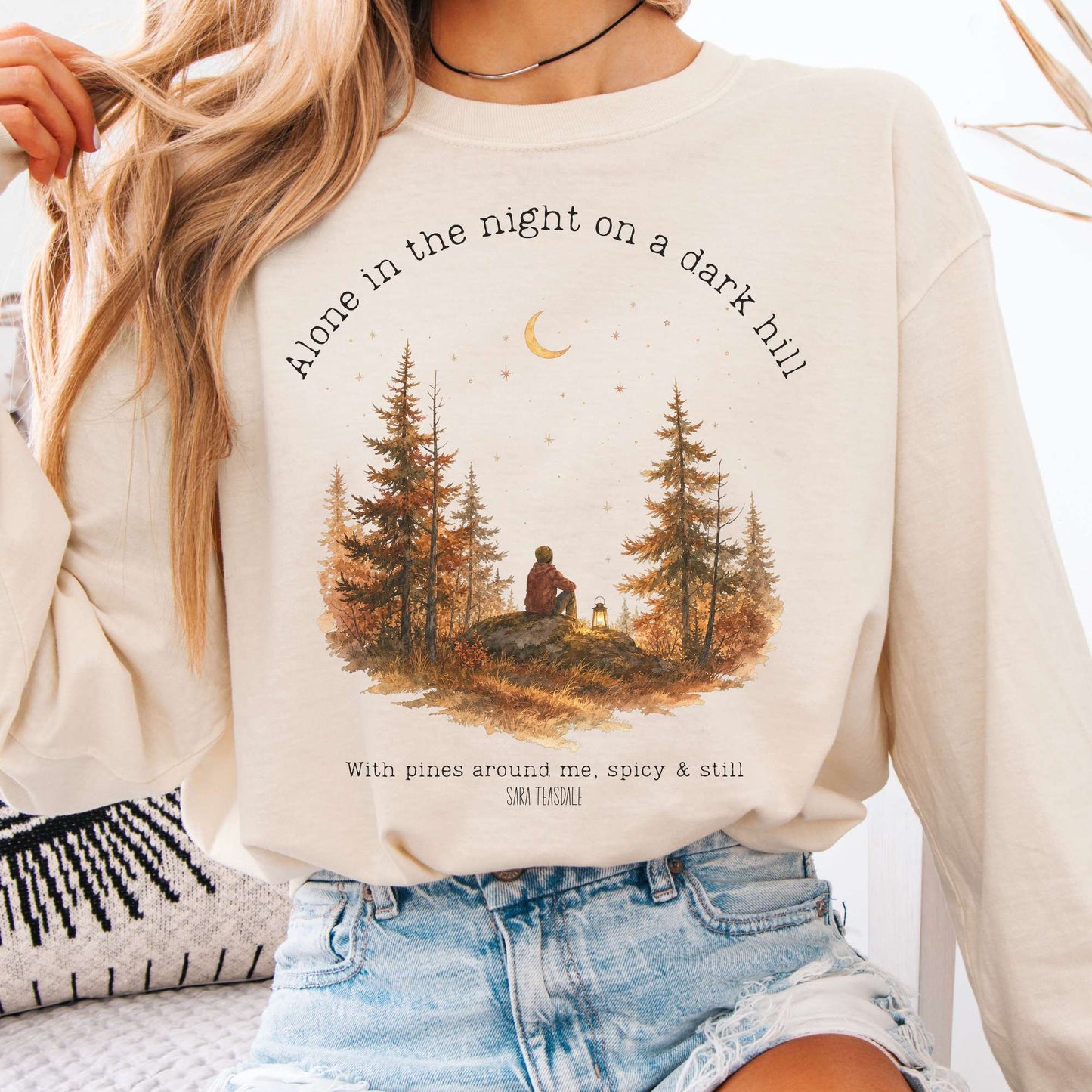 Long-sleeve Ivory / S Alone in the Night On A Dark Hill Sara Teasdale Literary Long Sleeve The Mystic Eden