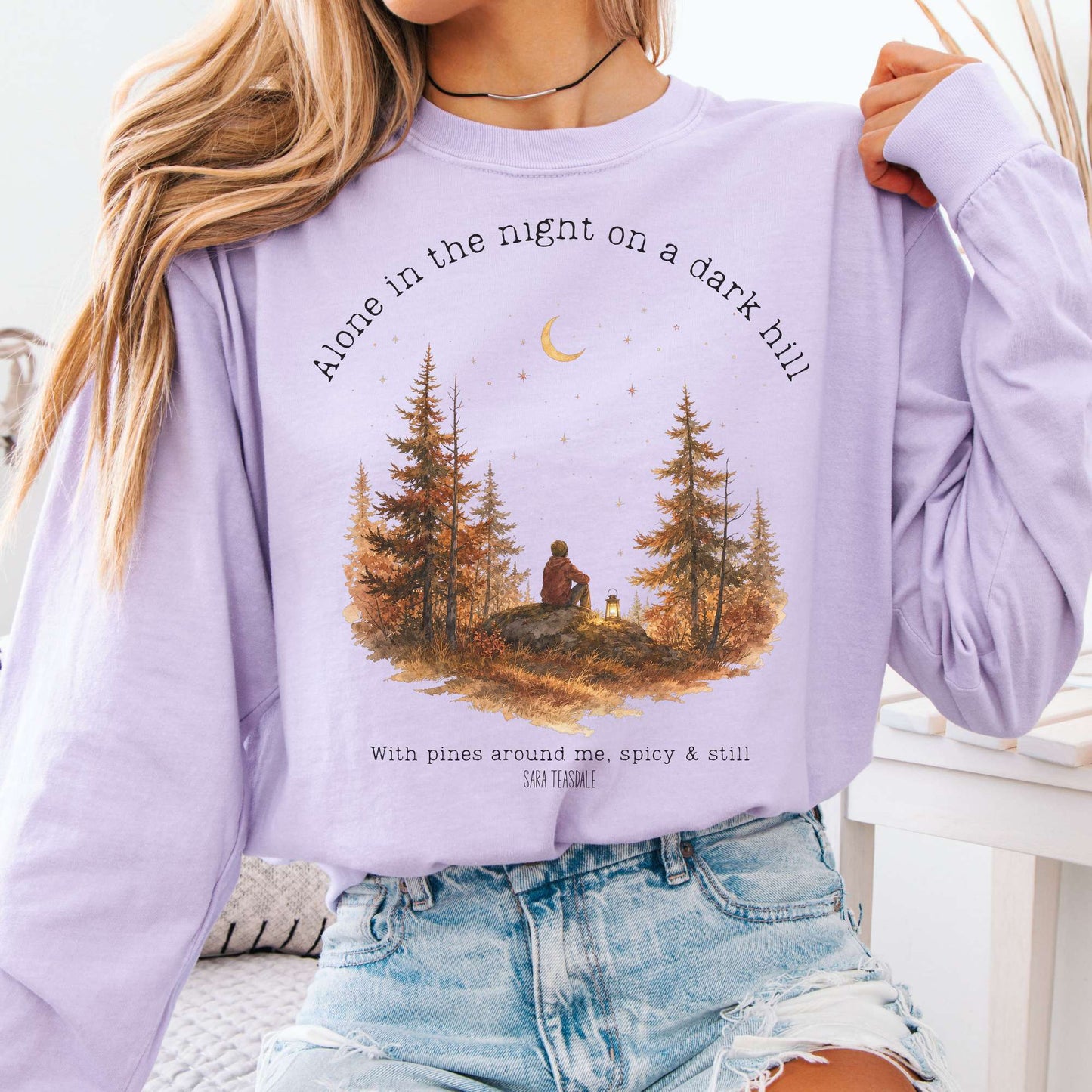 Long-sleeve Orchid / S Alone in the Night On A Dark Hill Sara Teasdale Literary Long Sleeve The Mystic Eden
