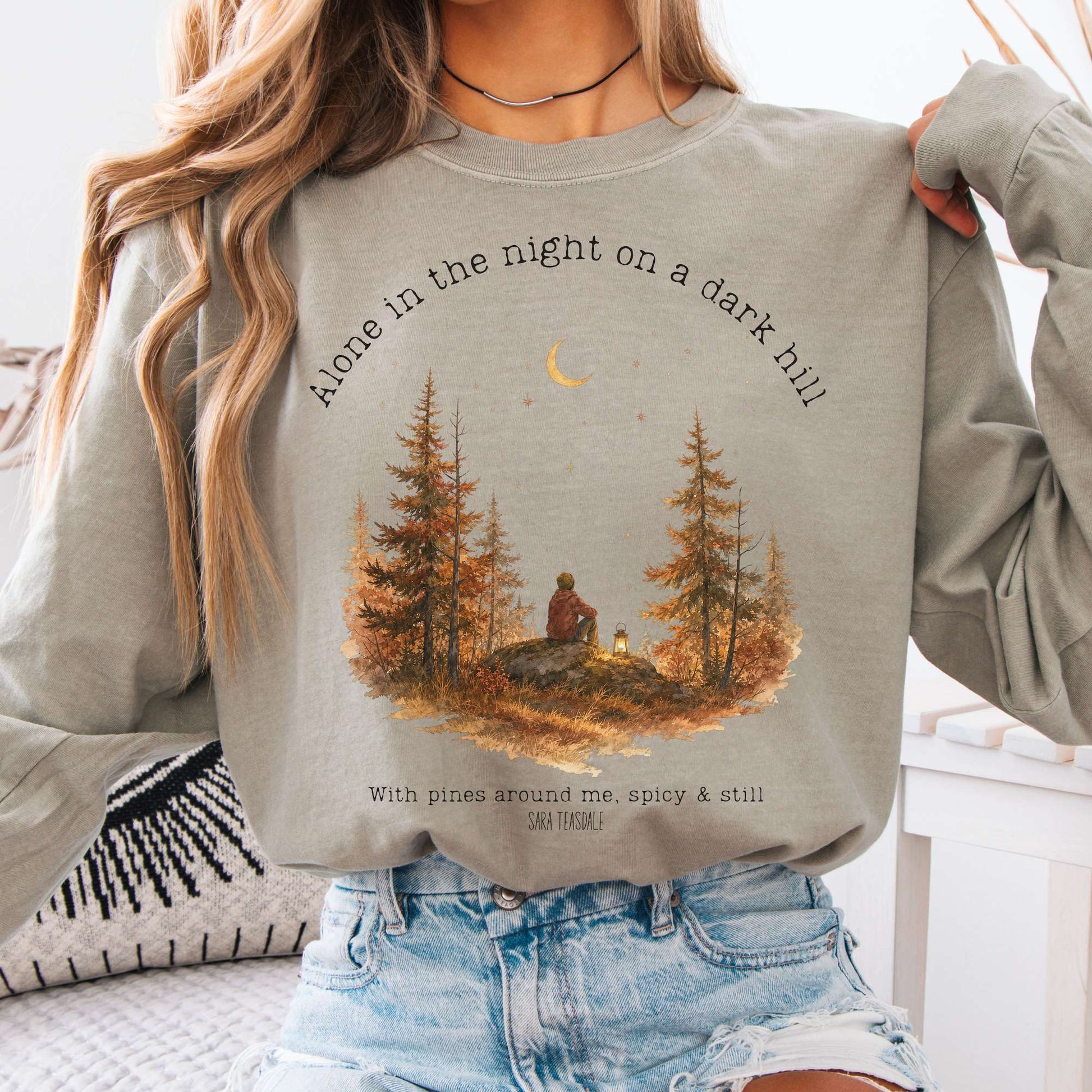 Long-sleeve Sandstone / S Alone in the Night On A Dark Hill Sara Teasdale Literary Long Sleeve The Mystic Eden