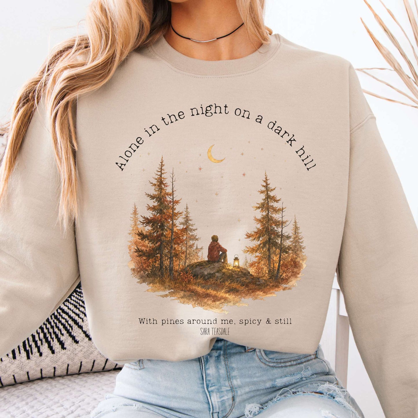 Sweatshirt Sand / S Alone in the Night On A Dark Hill Sara Teasdale Literary Crewneck Sweatshirt The Mystic Eden