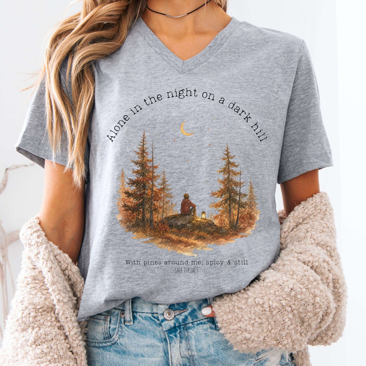 V-neck Athletic Heather / S Alone in the Night On A Dark Hill Sara Teasdale Literary V-Neck The Mystic Eden