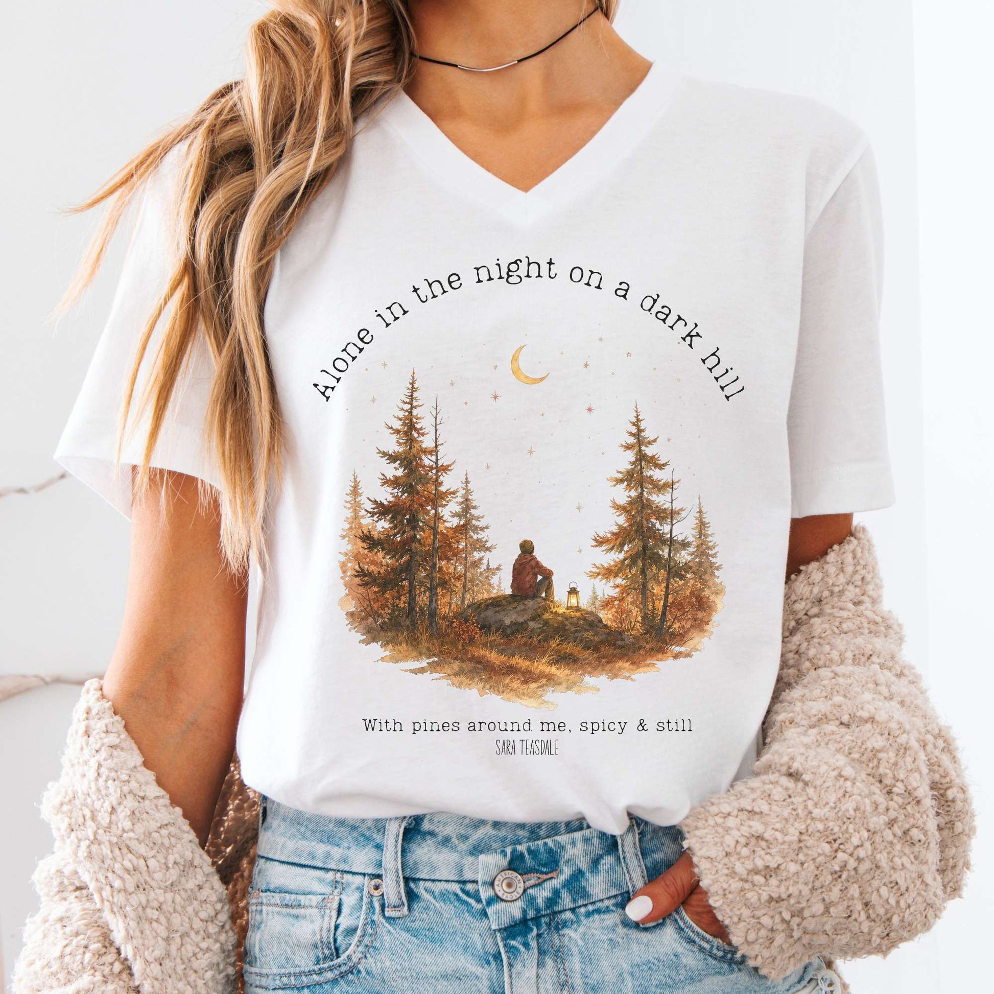 V-neck White / S Alone in the Night On A Dark Hill Sara Teasdale Literary V-Neck The Mystic Eden
