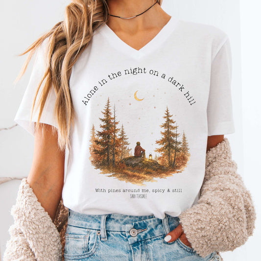 V-neck White / S Alone in the Night On A Dark Hill Sara Teasdale Literary V-Neck The Mystic Eden