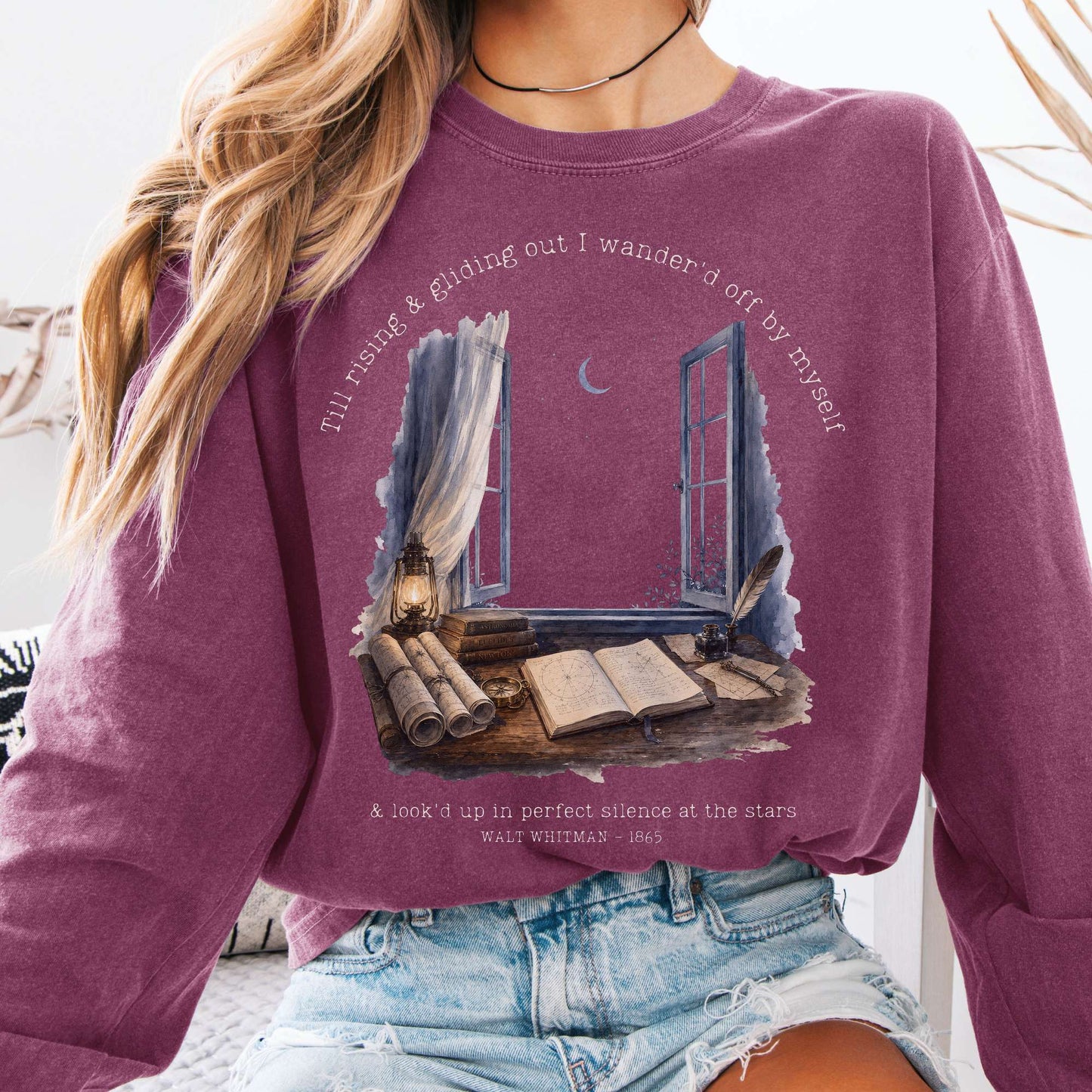 Long-sleeve Berry / S Looked Up At The Stars Walt Whitman Literary Long Sleeve The Mystic Eden
