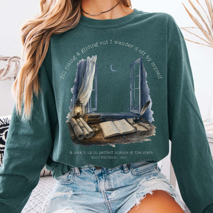 Long-sleeve Blue Spruce / S Looked Up At The Stars Walt Whitman Literary Long Sleeve The Mystic Eden