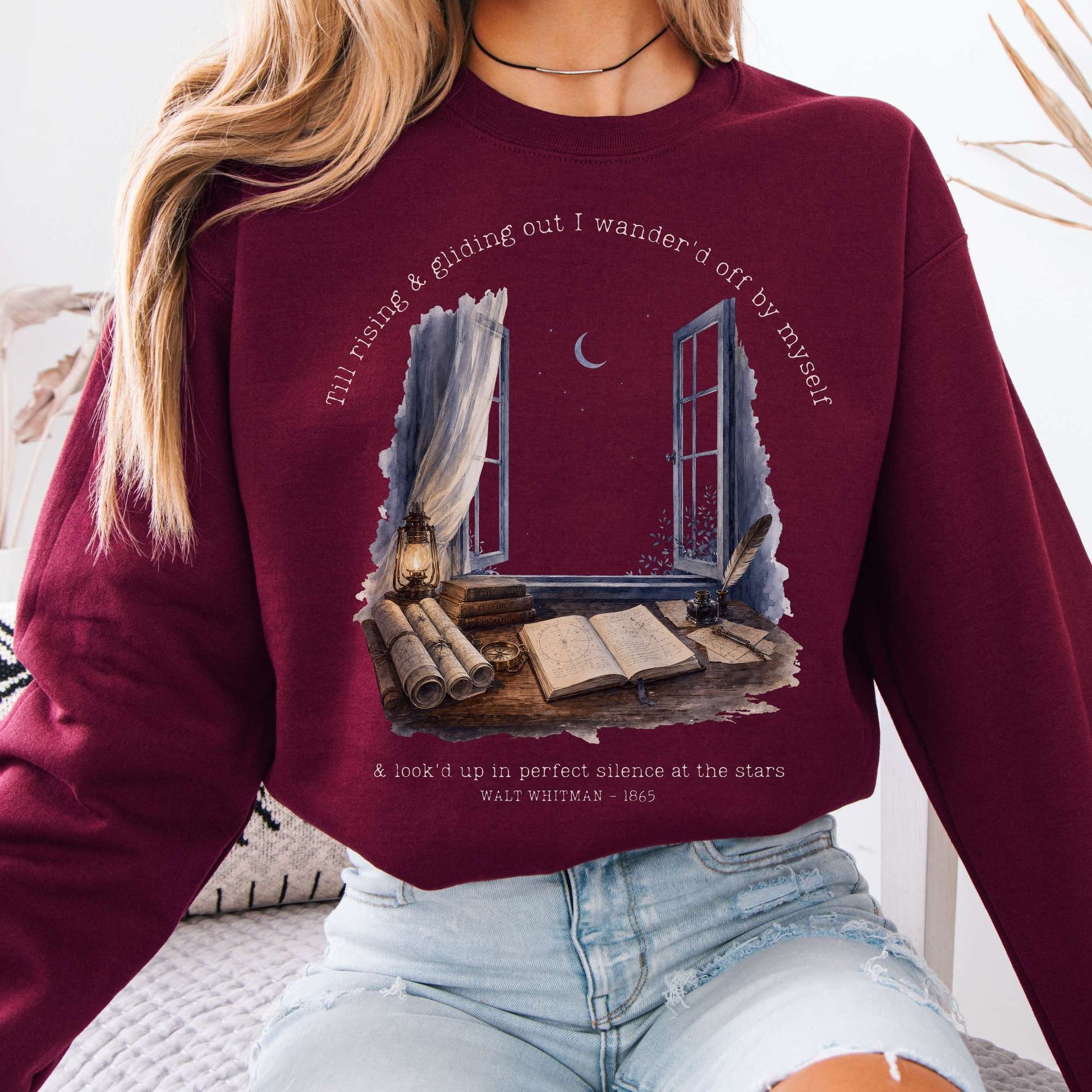 Sweatshirt Maroon / S Looked Up At The Stars Walt Whitman Literary Crewneck Sweatshirt The Mystic Eden