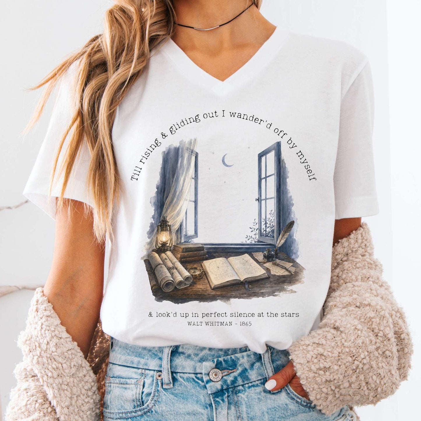 V-neck White / S Looked Up At The Stars Walt Whitman Literary V-Neck The Mystic Eden