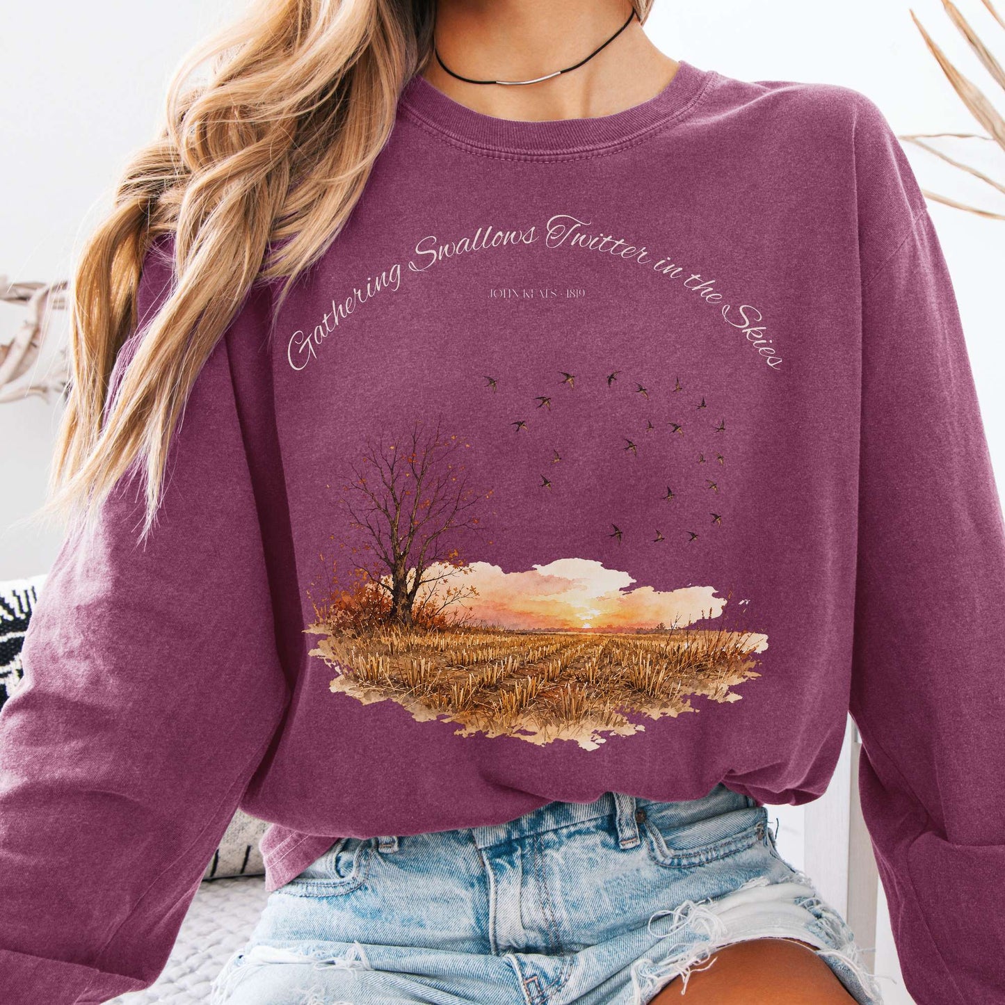 Long-sleeve Berry / S Gathering Swallows Twitter in the Skies John Keats Literary Long Sleeve The Mystic Eden