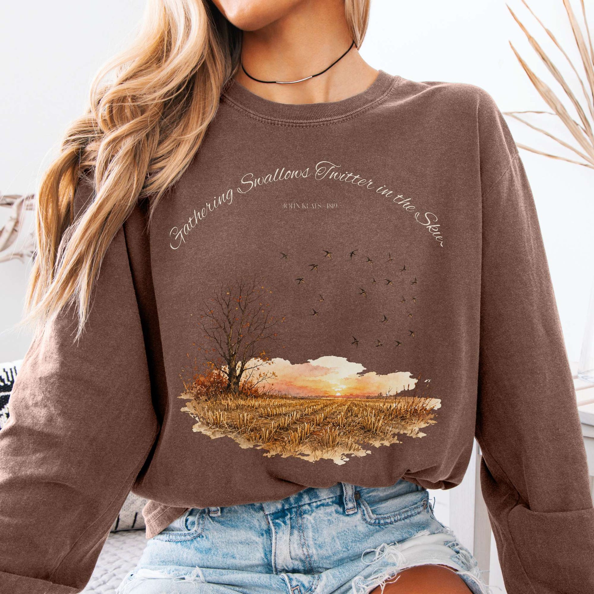 Long-sleeve Espresso / S Gathering Swallows Twitter in the Skies John Keats Literary Long Sleeve The Mystic Eden