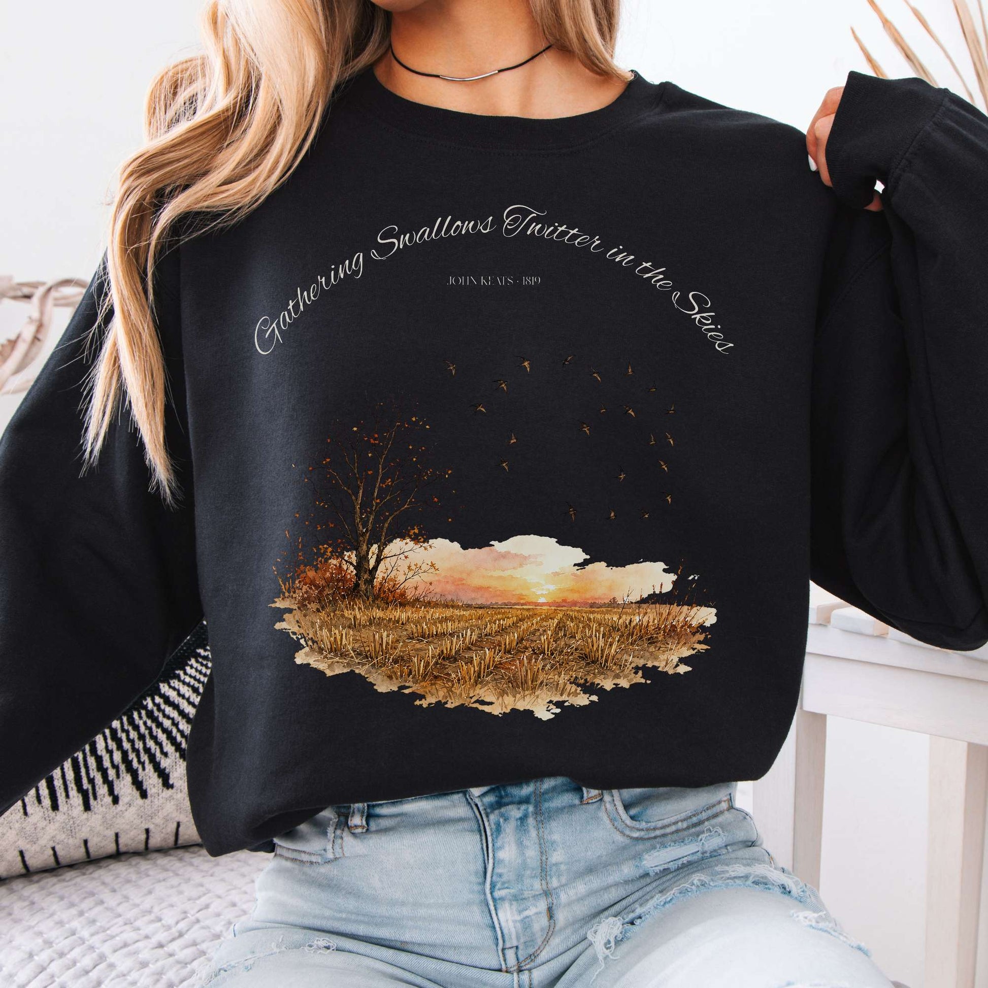 Sweatshirt Black / S Gathering Swallows Twitter in the Skies John Keats Literary Crewneck Sweatshirt The Mystic Eden