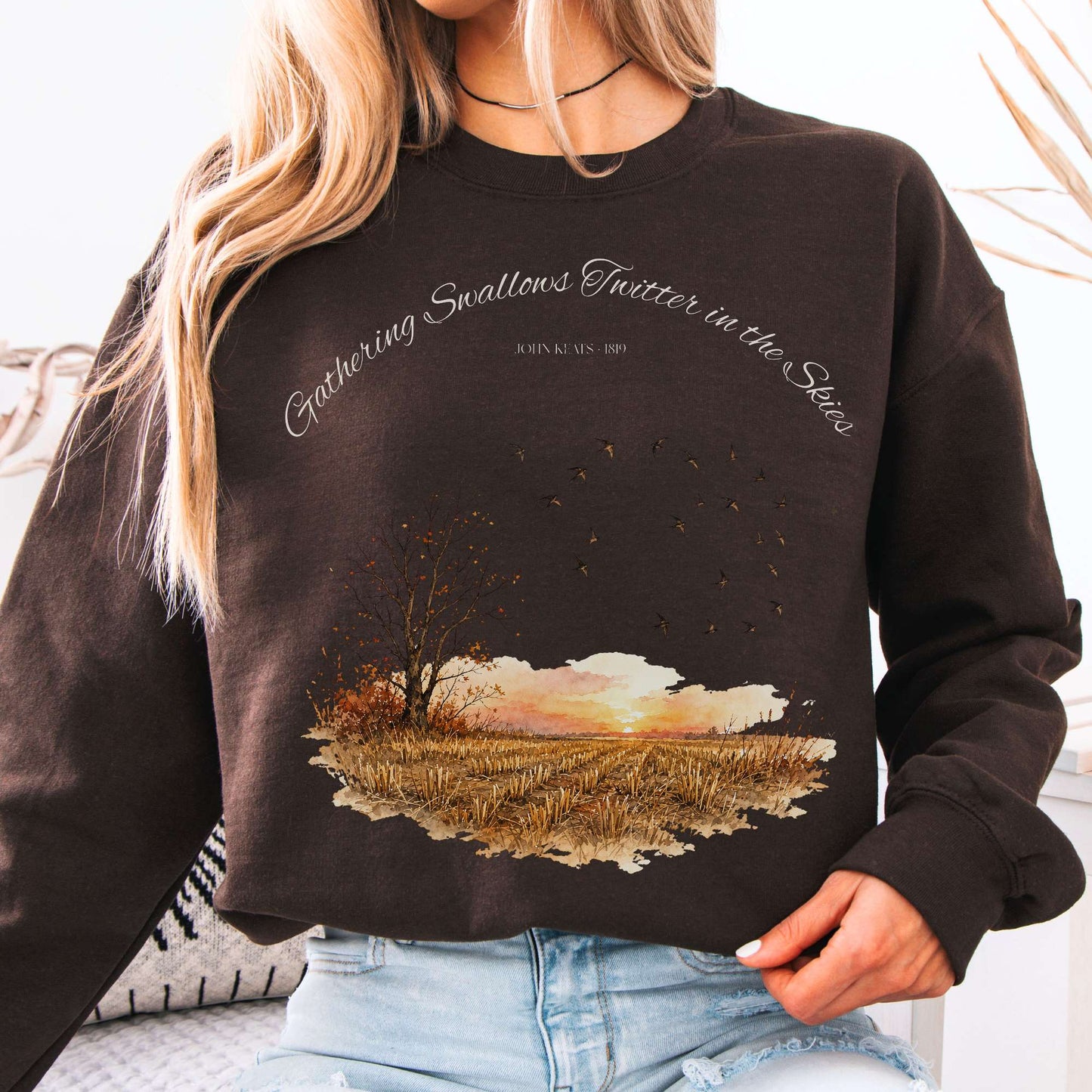 Sweatshirt Dark Chocolate / S Gathering Swallows Twitter in the Skies John Keats Literary Crewneck Sweatshirt The Mystic Eden