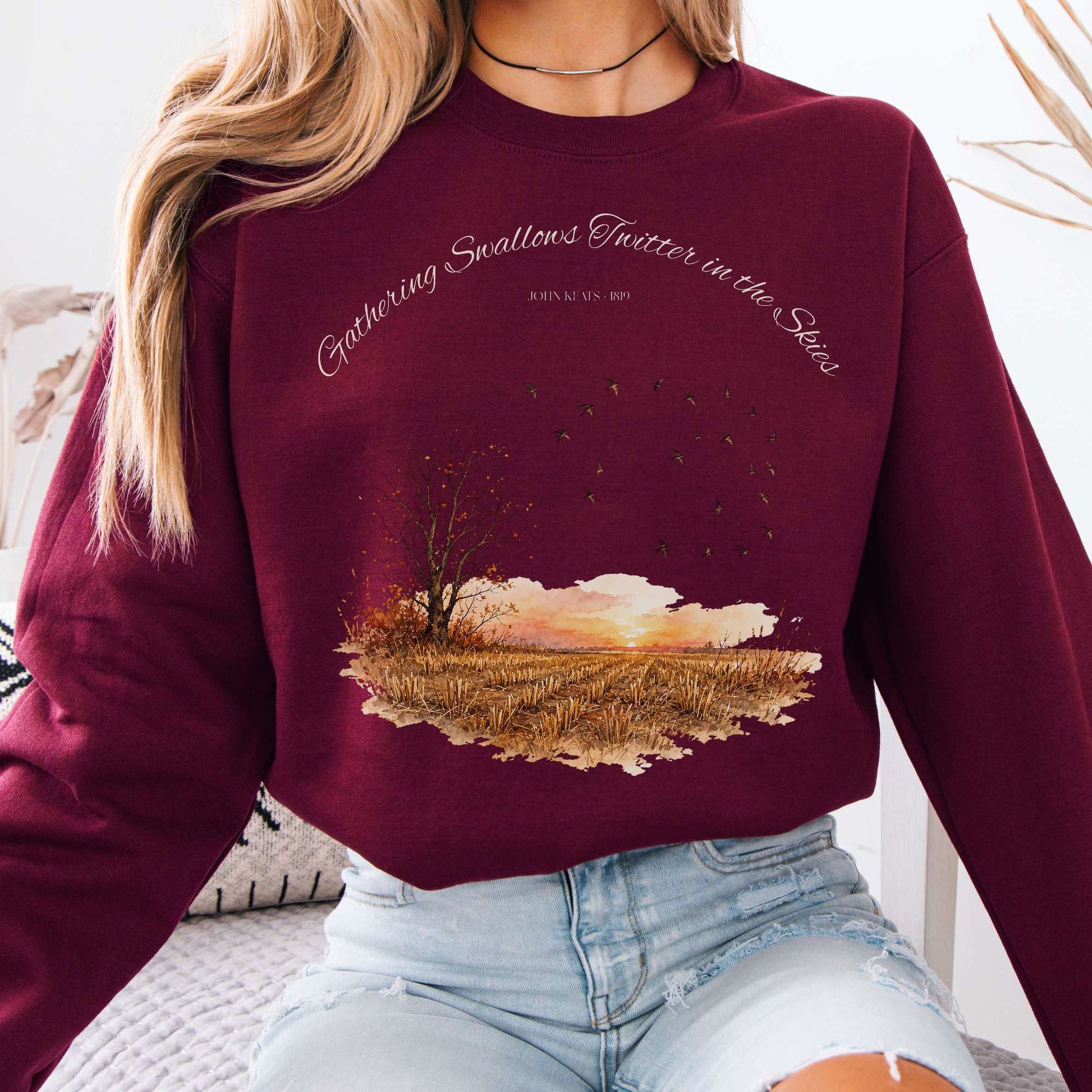 Sweatshirt Maroon / S Gathering Swallows Twitter in the Skies John Keats Literary Crewneck Sweatshirt The Mystic Eden